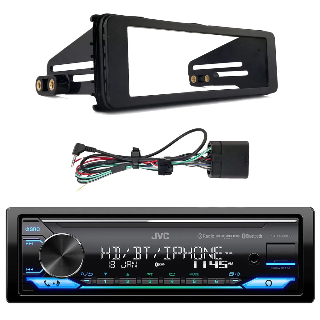 JVC KD-X480BHS Single DIN Bluetooth USB AUX LED AM/FM Radio Stereo SiriusXM Ready Amazon Alexa LED Car Audio Receiver Bundle Combo with Enrock 98-2013 Harley Install Single Din Installation Kit