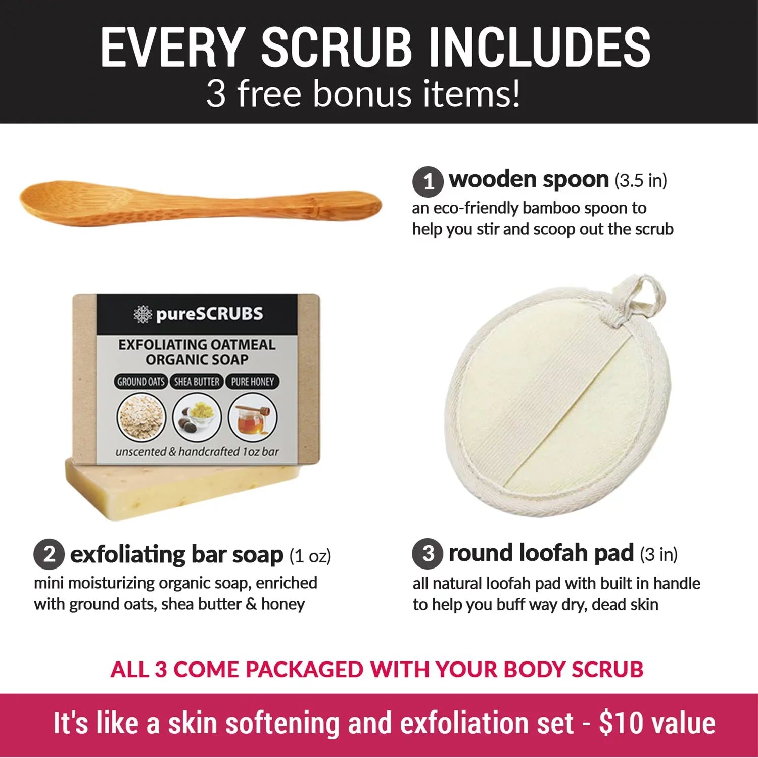 pureSCRUBS Premium Organic Body Scrub Set - Large 16oz SANDALWOOD BODY SCRUB - Pure Dead Sea Salt Refurbished Organic Essential Oils & Nutrients + FREE Wooden Spoon, Loofah & Mini Exfoliating Bar Soap