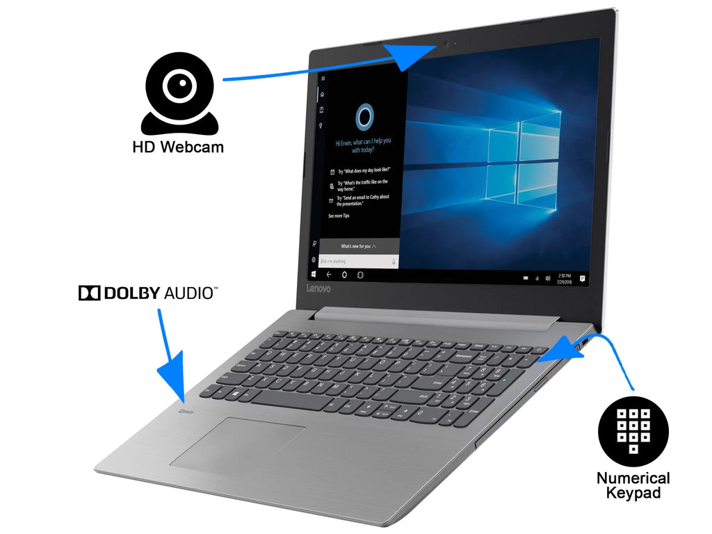 IdeaPad 330 Notebook, 15.6" HD Display, Celeron N4000 Upto 2.6GHz, 8GB RAM, 128GB SSD, UK Keyboard, DVDRW, HDMI, Card Reader, Wi-Fi, Bluetooth, Windows 10 Pro