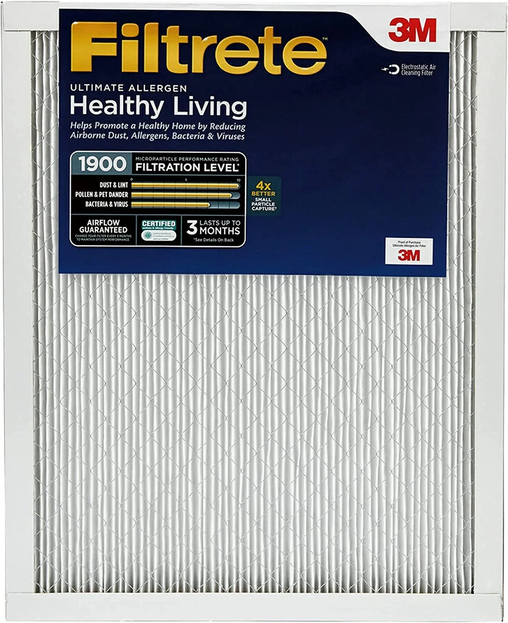 Filtrete Air Filter, MPR 1900, MERV 13, Healthy Living Ultimate Allergen 3-Month Pleated 1-Inch Air Filters, 2 Filters