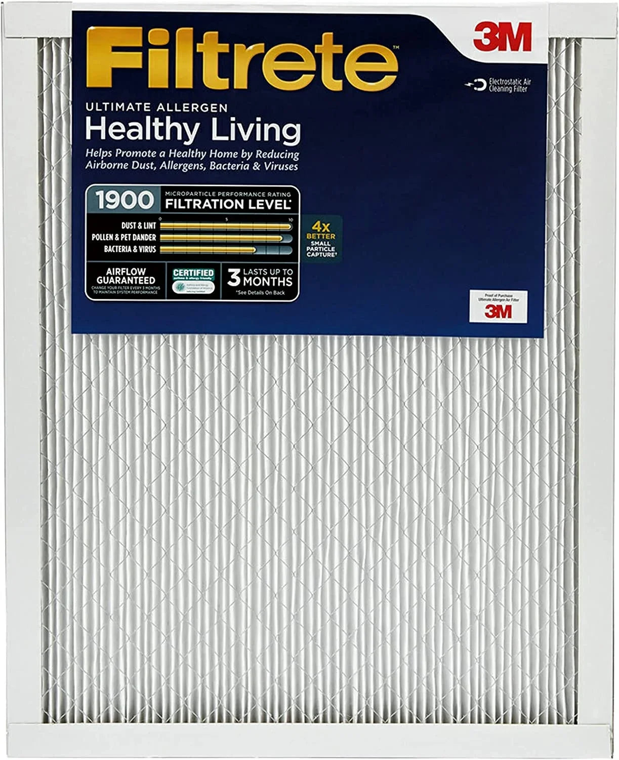 Filtrete Air Filter, MPR 1900, MERV 13, Healthy Living Ultimate Allergen 3-Month Pleated 1-Inch Air Filters, 2 Filters