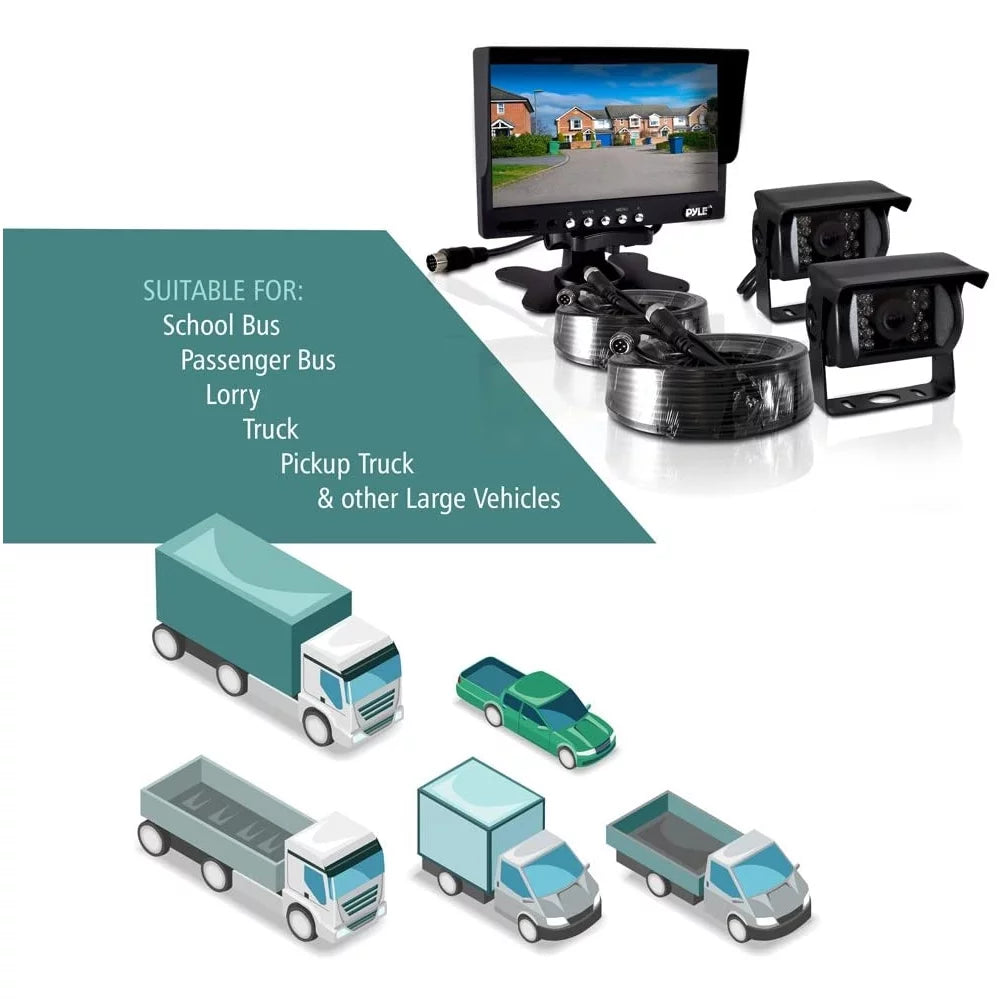 Weatherproof Rearview Backup Camera & Monitor Video System, Commercial Grade, 2 Cameras, 7" Monitor, Dual DC 12-24V for Bus, Truck, Trailer, Van