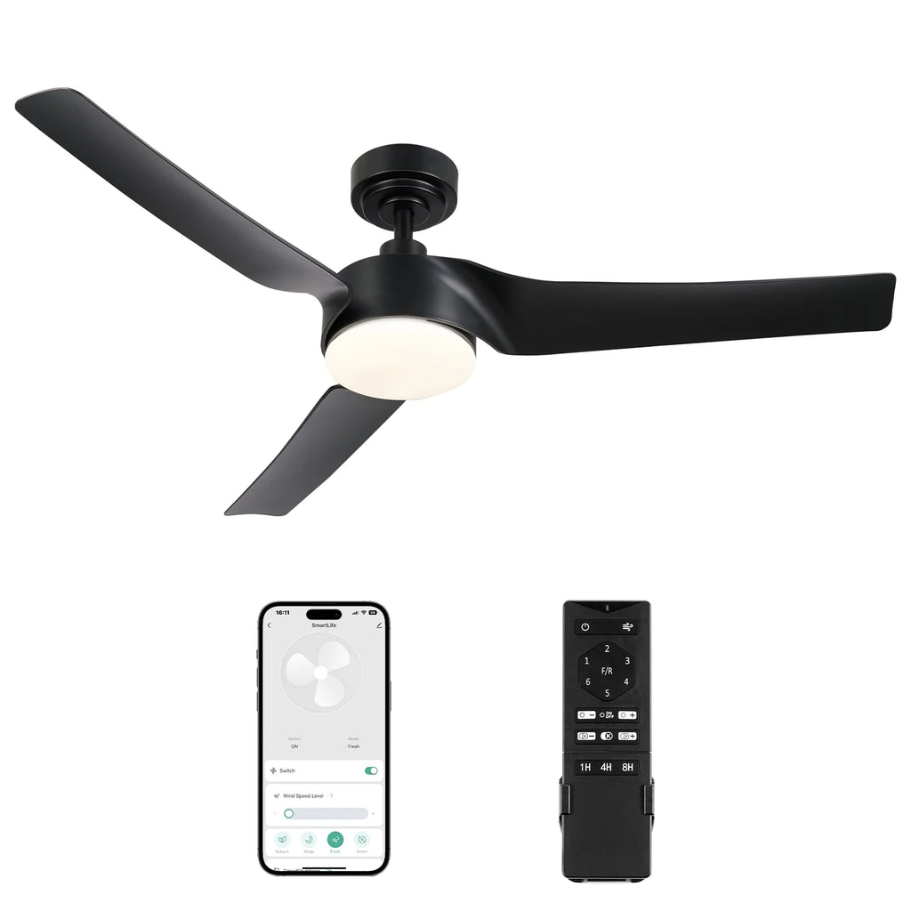 Bestco Modern 52" Smart Ceiling Fan with Dimmable Light Kit & Remote, Black