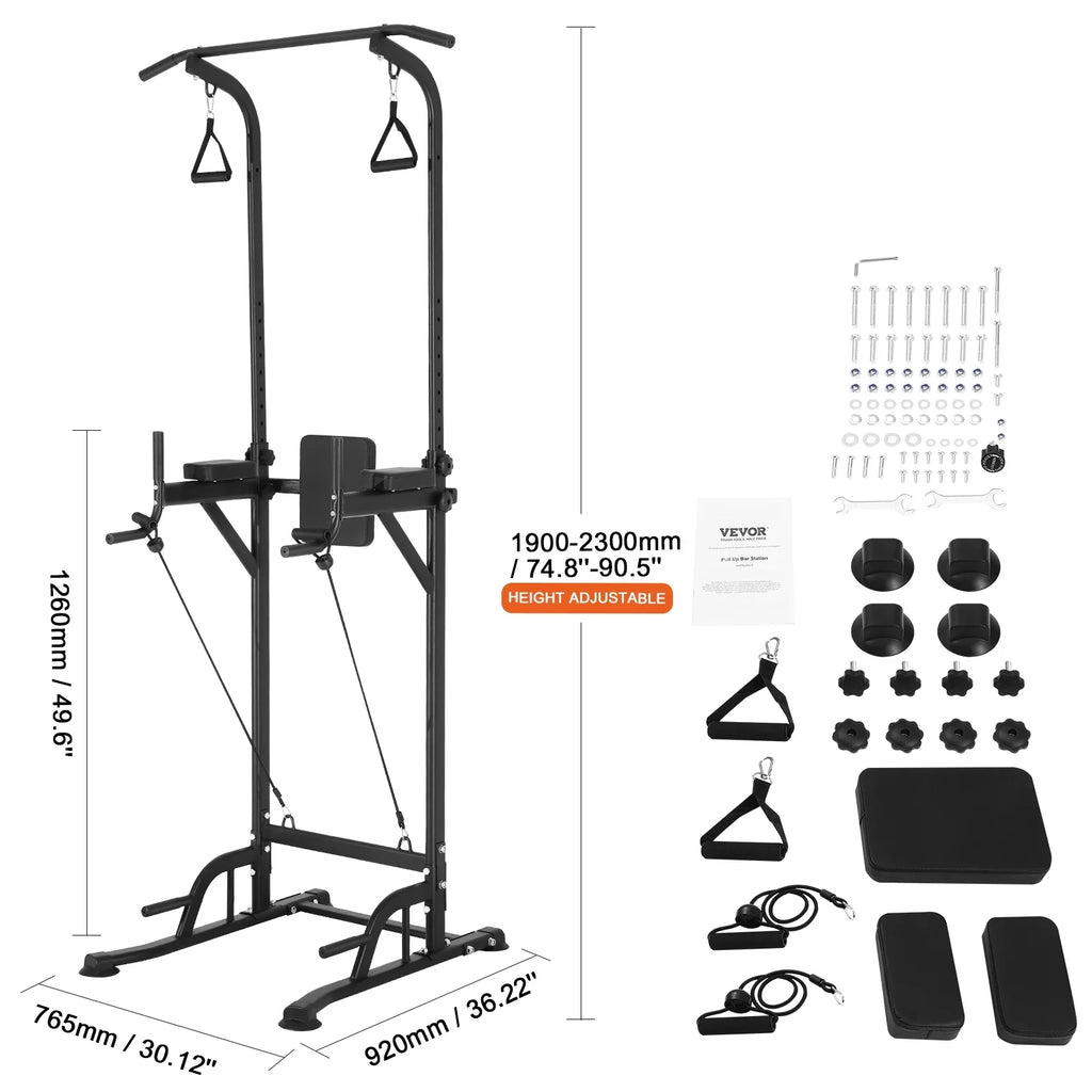 SKYSHALO Power Tower Dip Station, Heavy Duty Carbon Steel Frame Pull Up Bar Stand Power Rack w/ Backrest Elbow Pad, Height Adjustable Strength Training Equipment for Fitness Home Workout