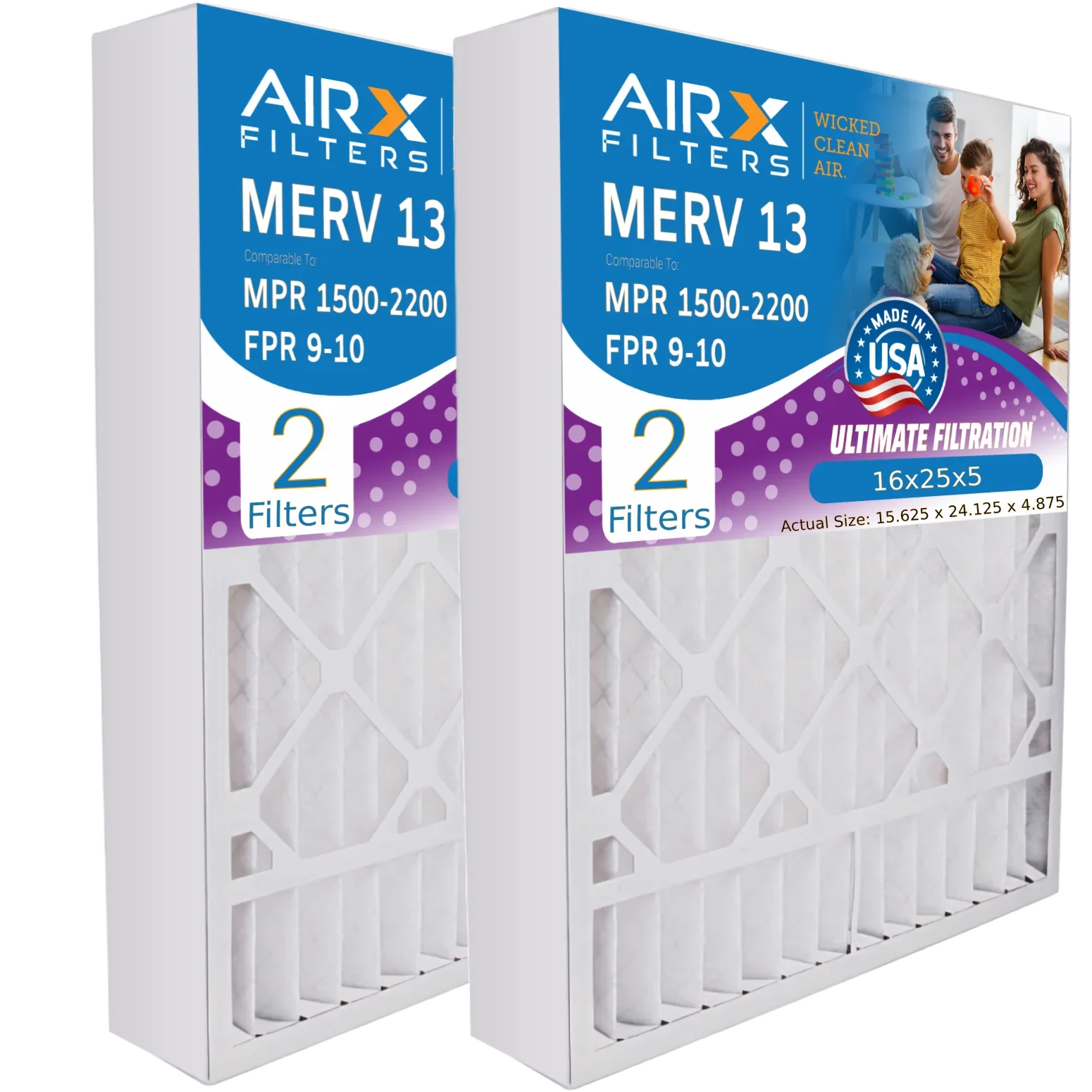 16x25x5 Air Filter MERV 13 Comparable to MPR 1500 - 2200 & FPR 9 Compatible with GeneralAire 14161 Premium USA Made 16x25x5 Furnace Filter 2 Pack by AIRX FILTERS WICKED CLEAN AIR.