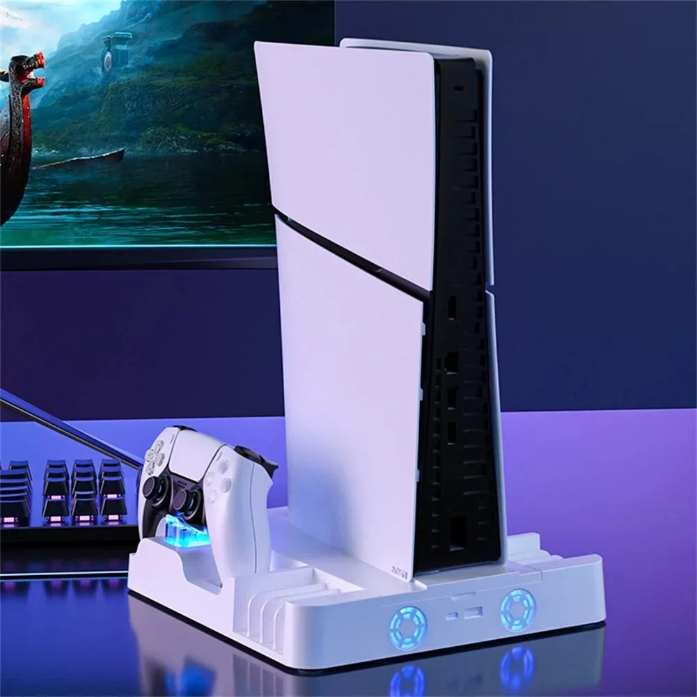 Stand Cooling Station for PS5 Slim Game Console with Dual Controller Charging Station Game Slots Game Console Accessories-White