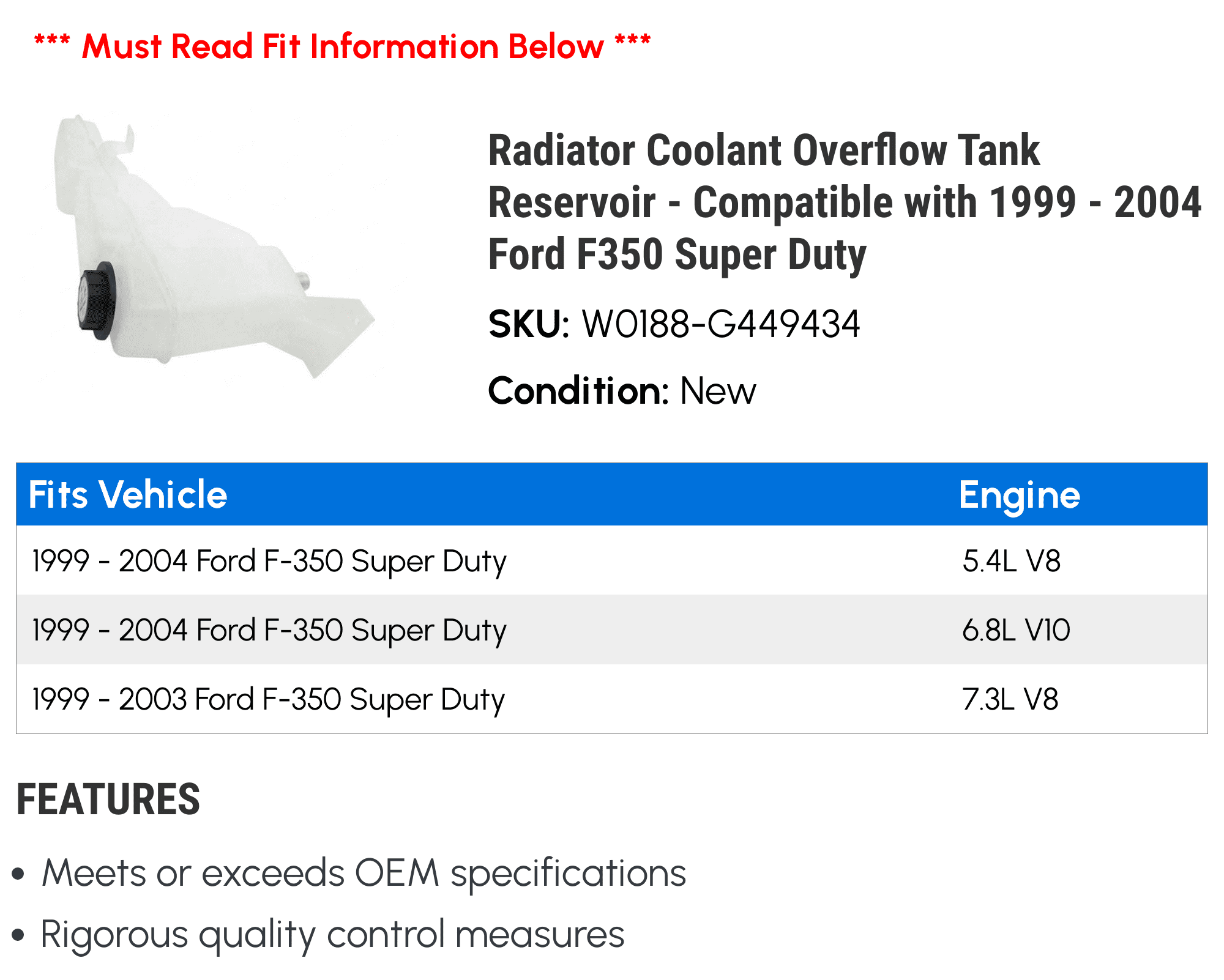 Radiator Coolant Overflow Tank Reservoir - Compatible with 1999 - 2004 Ford F350 Super Duty 2000 2001 2002 2003