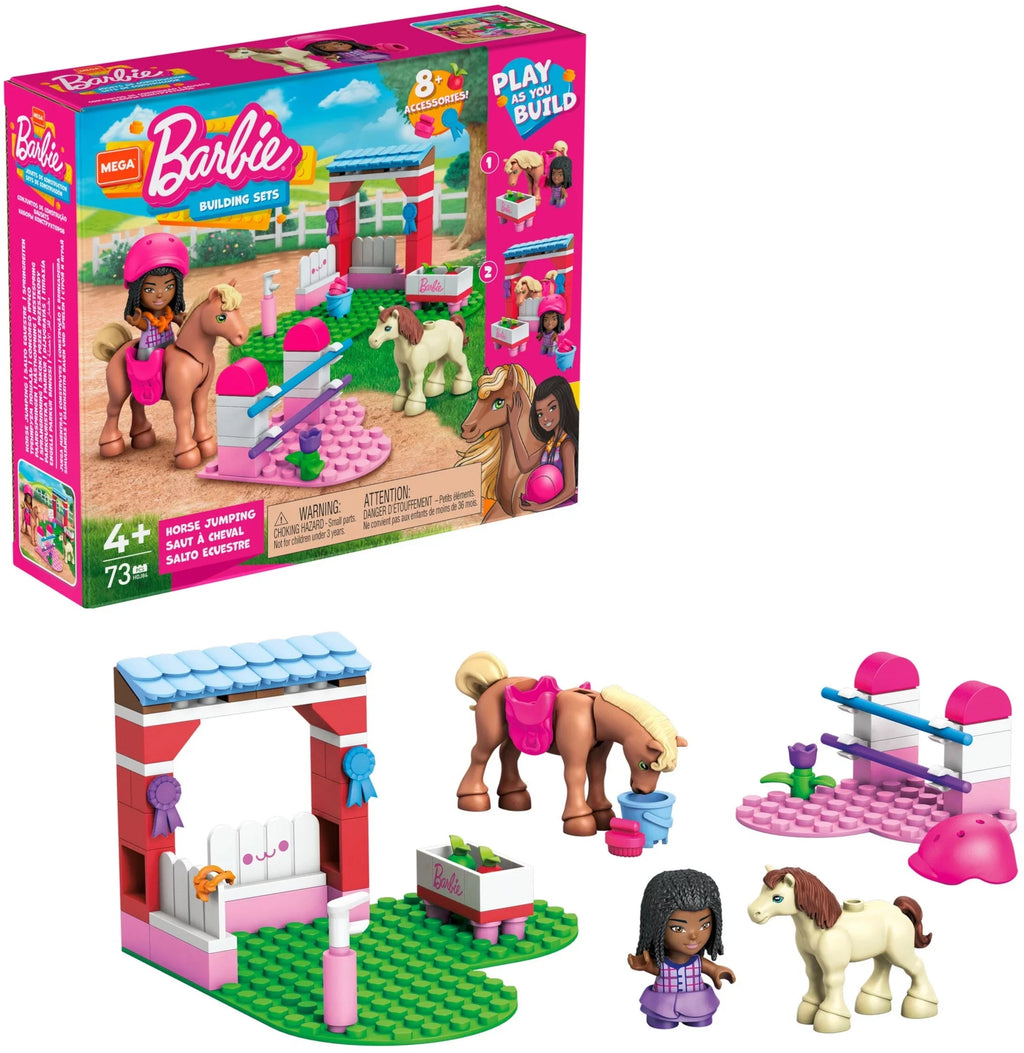 MEGA Barbie Building Toy Kit Horse Jumping with 1 Micro-Doll and Horses (73 Pieces)
