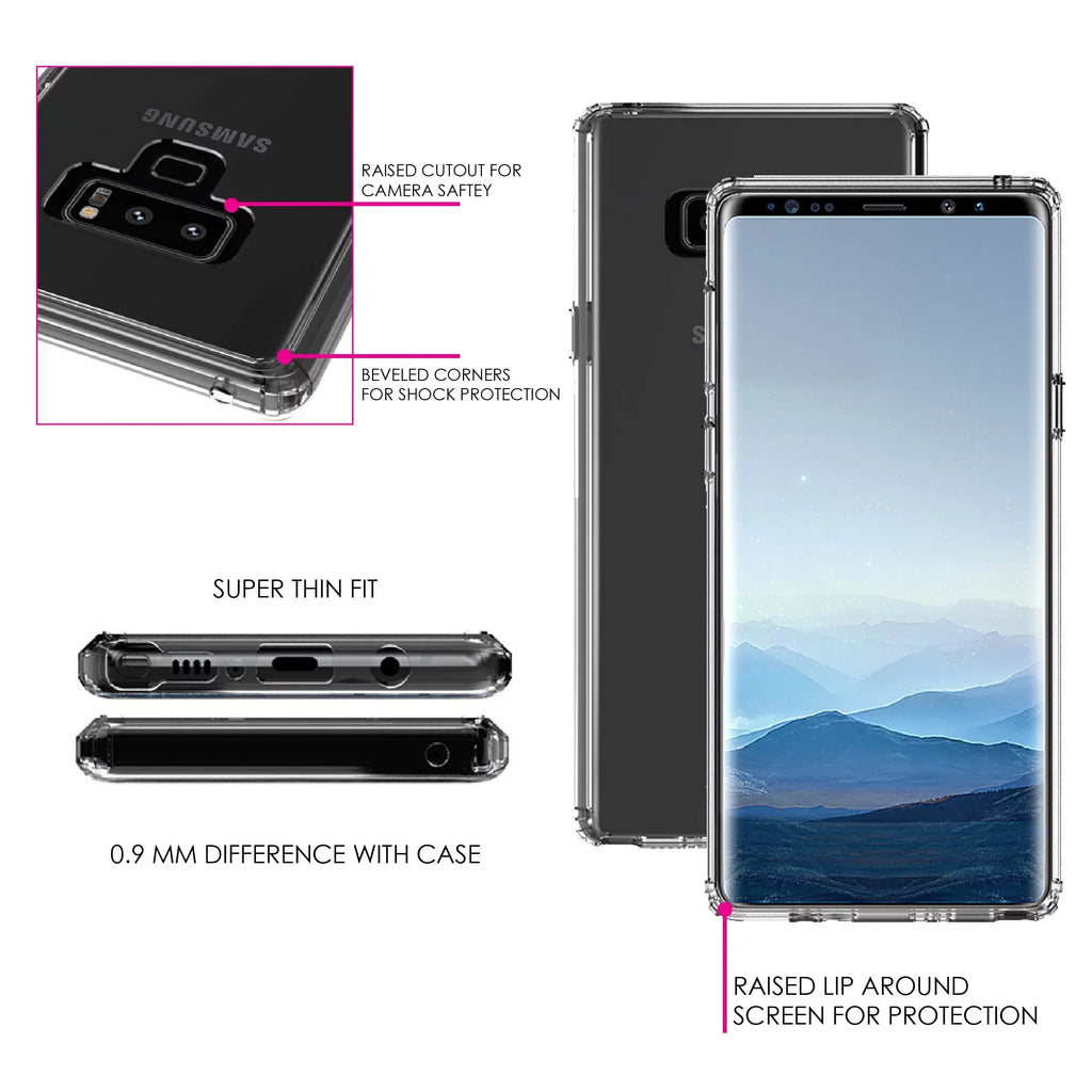 DistinctInk Clear Shockproof Hybrid Case for Galaxy Note 9 - TPU Bumper, Acrylic Back, Tempered Glass Monitor Protector - Faith / Hope / Love - Black & White - Christ
