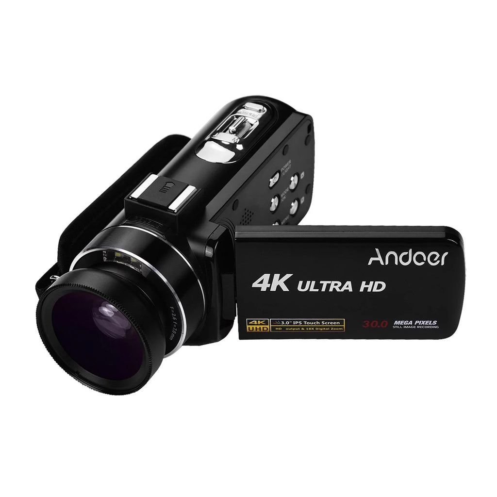 Andoer 4K Handheld DV Professional Digital Video CMOS Sensor Camcorder with 0.45X Wide Angle Lens with Macro Hot Shoe Mount 3.0 Inch IPS Monitor Burst -Shaking Function