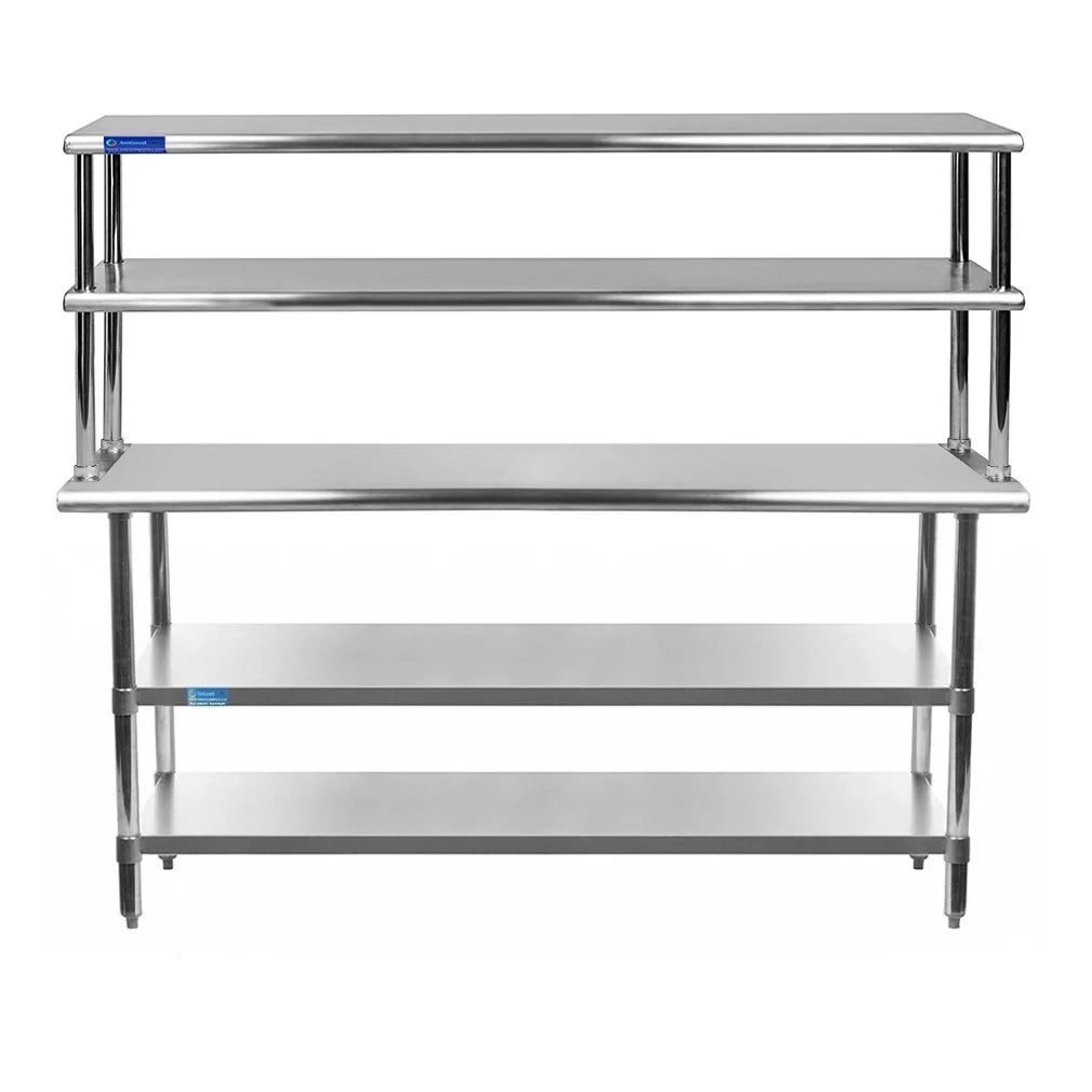 30" x 72" Stainless Steel Work Table With Two Shelves | 12" Wide Double Tier Overshelf | Metal Kitchen Prep Table & Shelving Combo