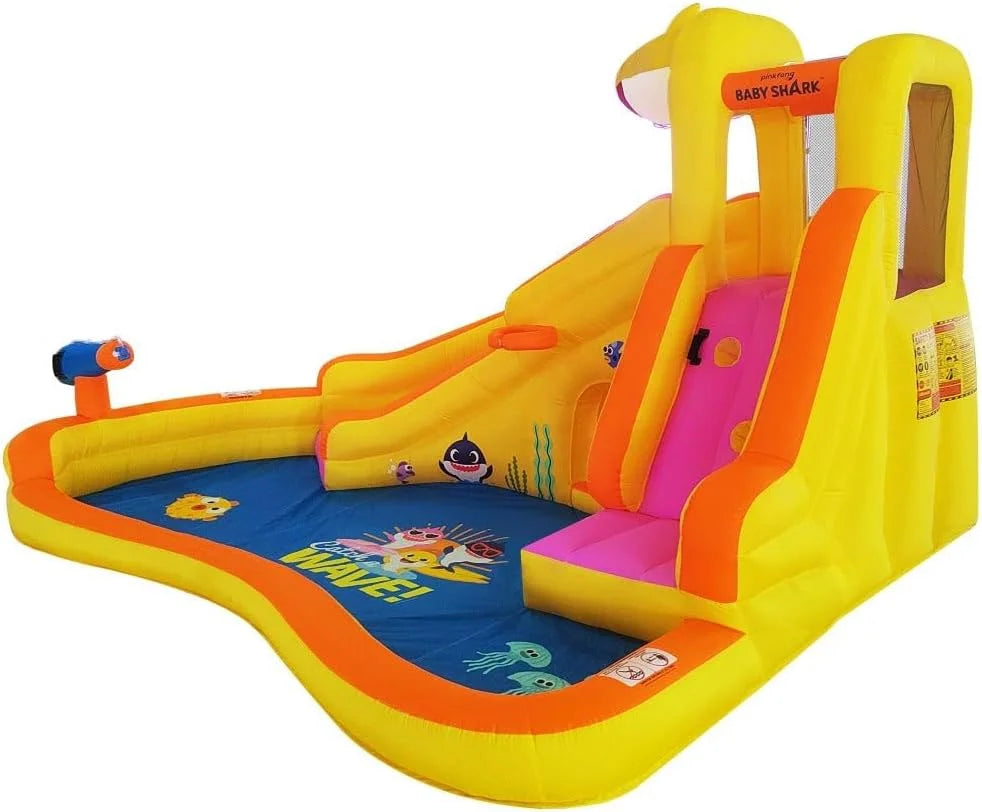 Funormous Baby Shark Bounce House with Slide Wet or Dry, Pink Fong Inflatable Fluid Slide, Party Outdoor Curve Fluid Fun, Kids Backyard Fluid Park, Includes Fluid Sprayer, Pool & Blower