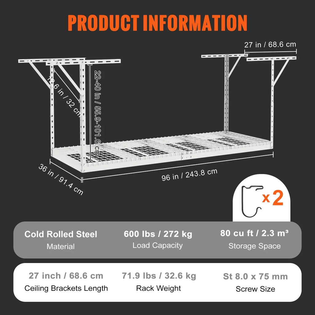 VEVOR Overhead Adjustable Garage Storage Rack 36x96in Ceiling Rack 600lbs White