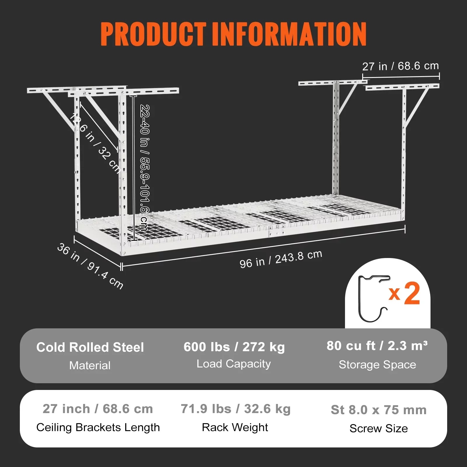 VEVOR Overhead Adjustable Garage Storage Rack 36x96in Ceiling Rack 600lbs White