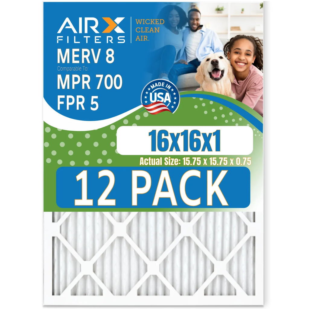16x16x1 Air Filter MERV 8 Rating, 12 Pack of Furnace Filters Comparable to MPR 700 & FPR 5 - Made in USA by AIRX FILTERS WICKED CLEAN AIR.