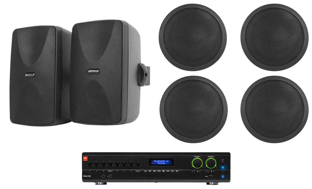 JBL VMA2120 2-Ch Commercial 70V Amplifier+(2) Wall+(4) Ceiling Speakers in Black