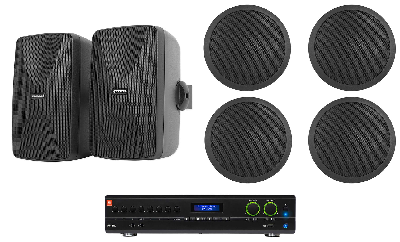 JBL VMA2120 2-Ch Commercial 70V Amplifier+(2) Wall+(4) Ceiling Speakers in Black
