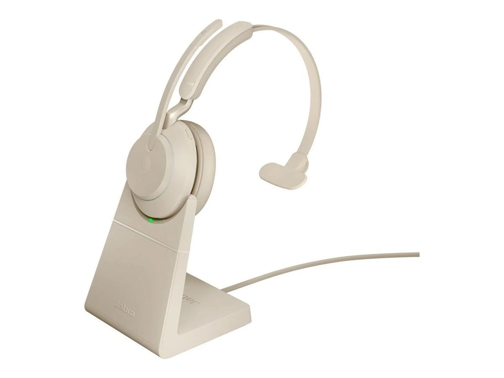 Jabra Evolve2 65 UC Mono - Headset - on-ear - convertible - Bluetooth - wireless - USB-C - noise isolating - beige - with charging stand