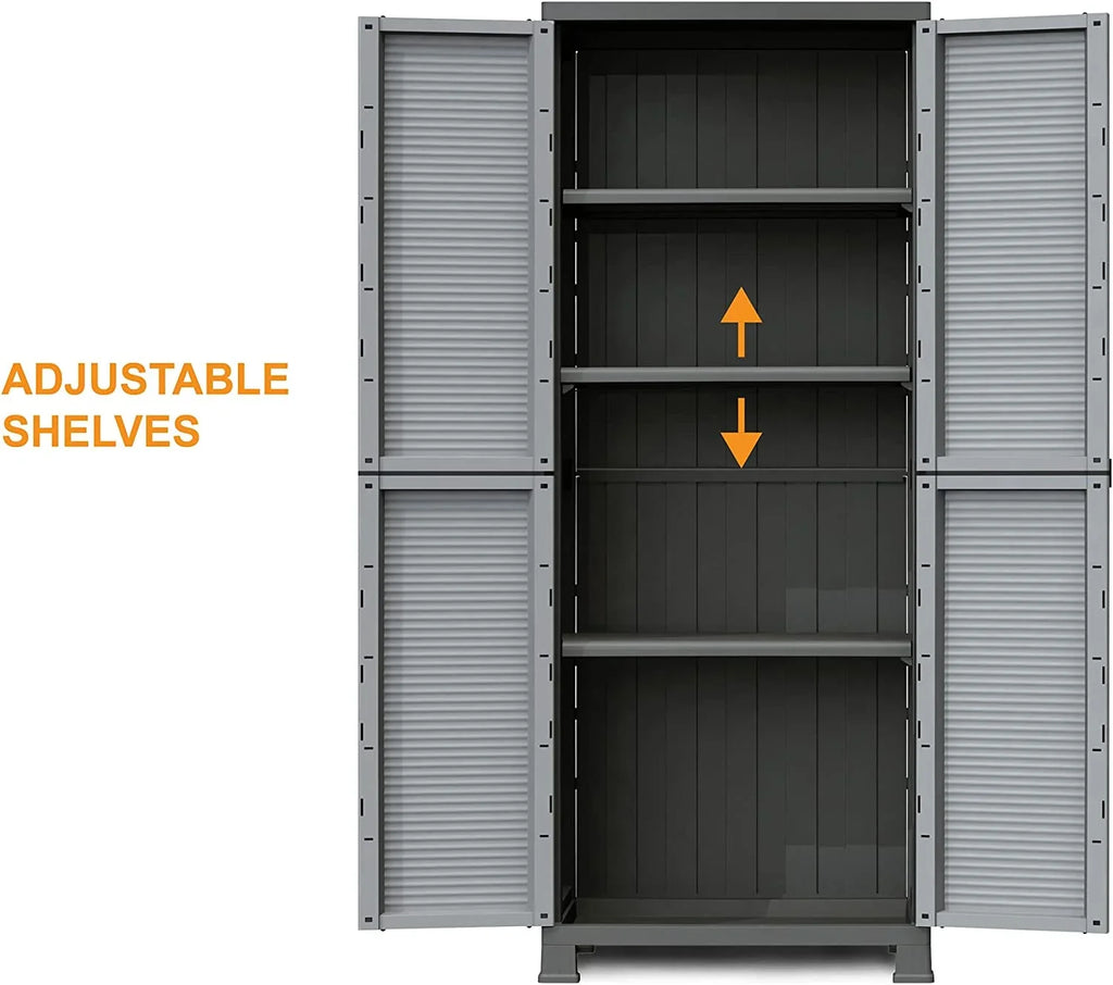 Prestige Utility Adjustable 3 Shelf Tool Organizing Storage Cabinet With Lockable Double Doors For Indoor And Outdoor Use, Gray