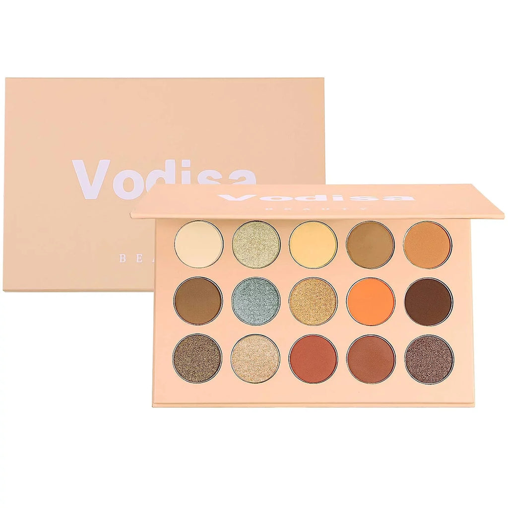 Vodisa Colorful Eyeshadow Palette Matte Shimmer High Pigmented Eyeshadow Pallet 15 Colors Professional Makeup Nudes Warm Natural Long Lasting Liquid Eye Shadow with Make Up Brushes Set (