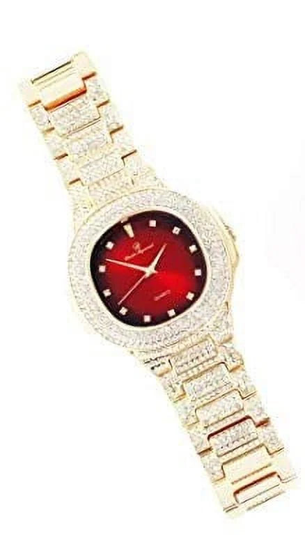 Bling'ed Out King and Queen Hip Hop Watch Set Perfect for Power Couples to Flaunt On and Off The Dance Floor - ST10325/ST10364 His&Hers (Gld Blood Red)