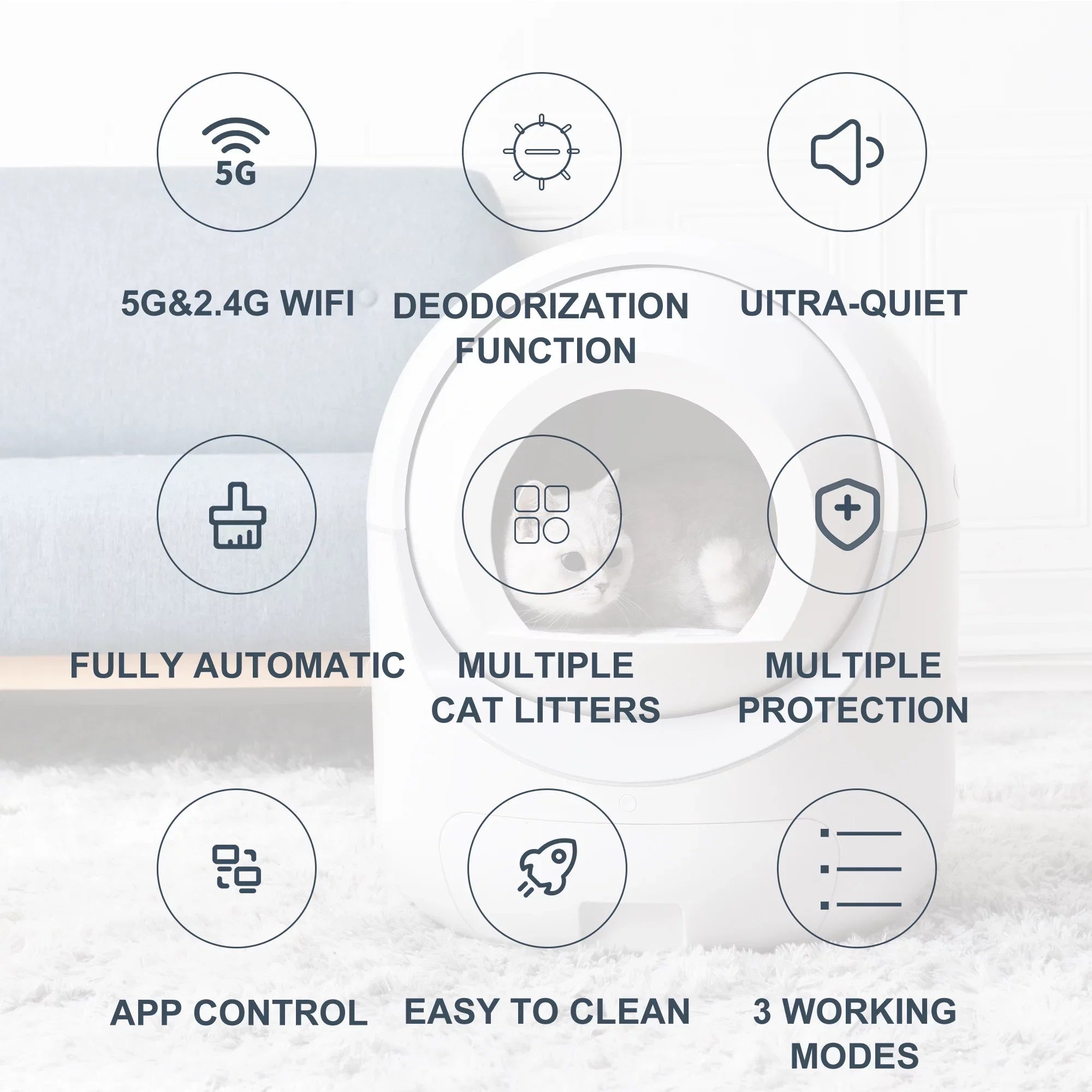 Smart Automatic Cat Litter Box, Self Cleaning Litter Box, App Control, Litter Robot Support 5G & 2.4G WiFi for Multiple Cats