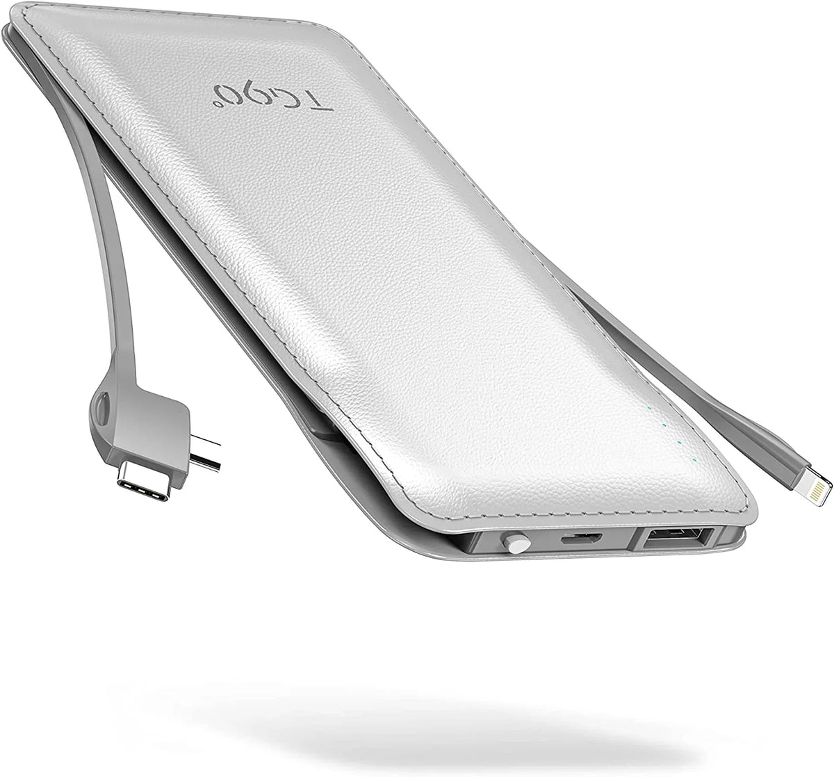 TG90 10000mah Power Bank External Battery Packs, Portable Charger with Built-in Lightning and Type-C Cable for Cell Phone Battery Backup, Portable Phone Charger Compatible with iPhone, Android Phones White