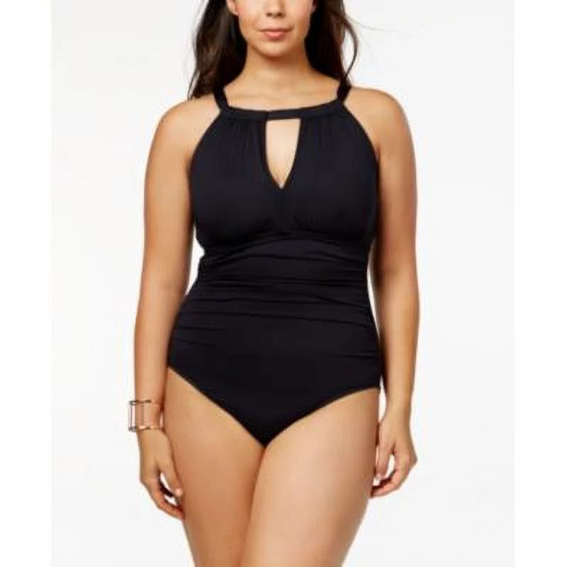 Lauren Ralph Lauren BLACK Plus Size High-Neck Keyhole One-Piece Swimsuit, US S P