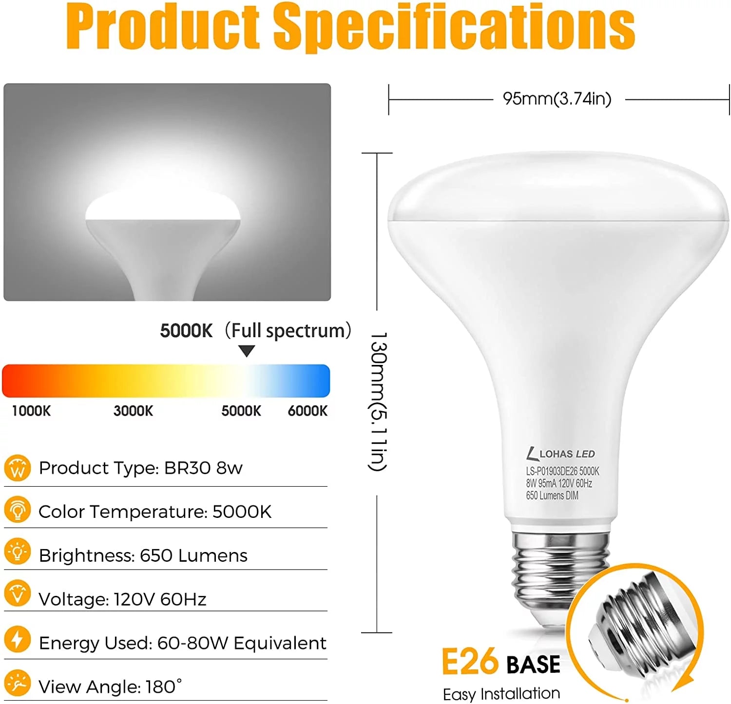 YANSUN Full Spectrum Light Bulb, 8W BR30 Premium Bulb 65W Equivalent Bright Happy LED Bulb Boosts Energy Mood & Functionality Supports Circadian Rhythm Comfortable Daylight 5000K Dimmable, 6 Pack