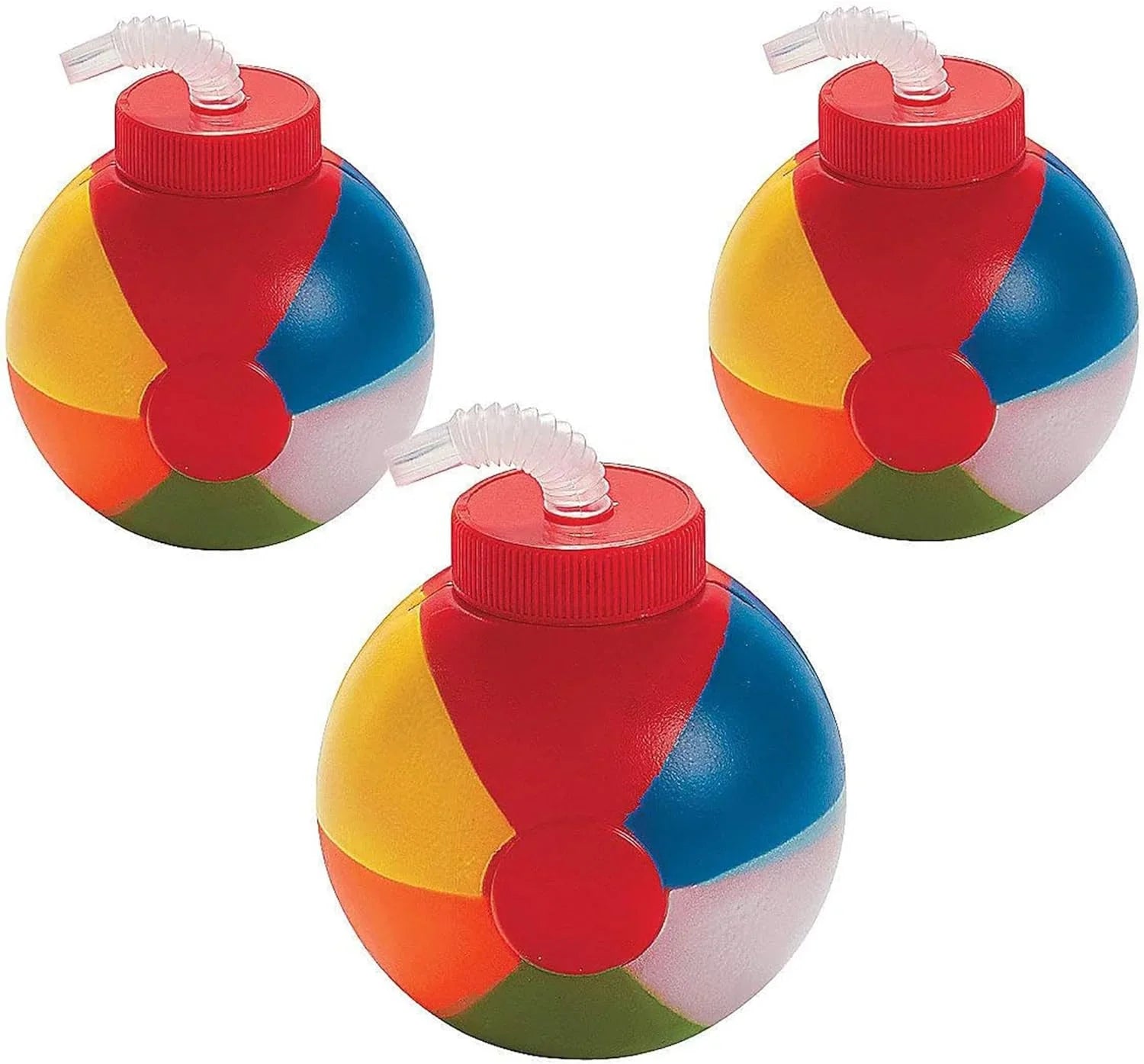 Fun Express Set of 12 Pieces Beach Ball Cups with Straws, Holds 23 oz, Summer Party Supplies, Multi-Color