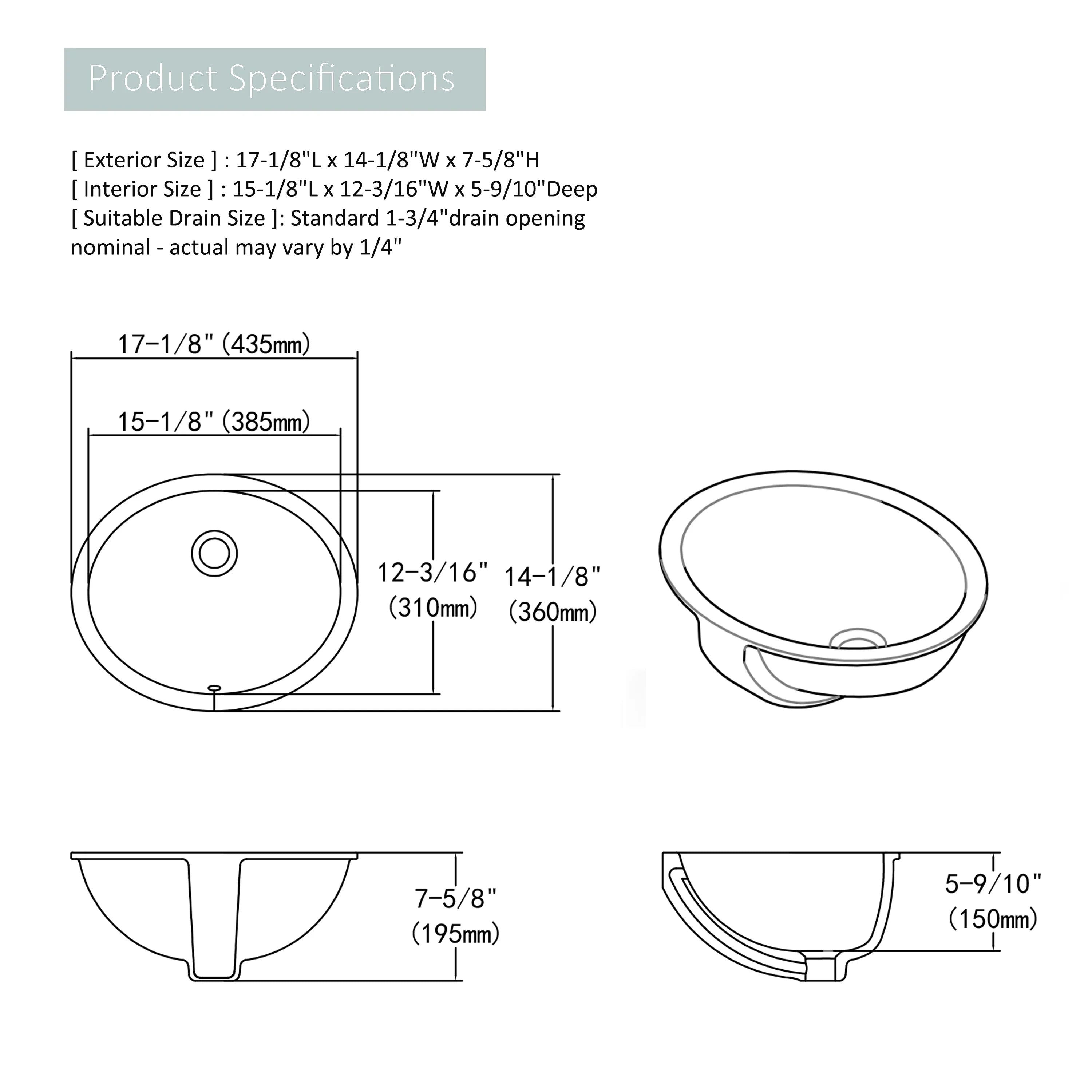 MEJE 17"x14" Oval Shape Undermount Bathroom Vessel Sink , Ceramic White Sink Glossy Finished