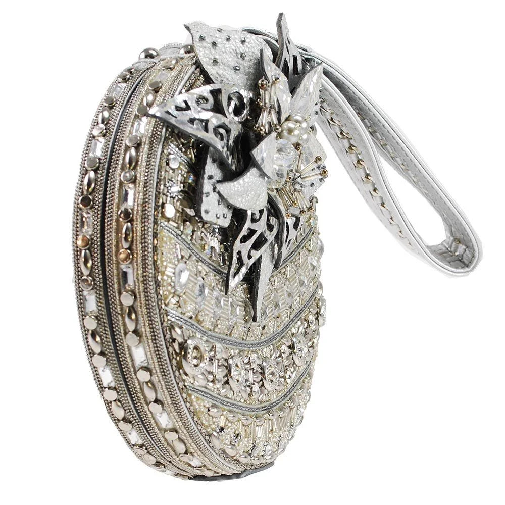 Mary Frances Snow Globe Xmas Silver Holiday Ornament Wristlet Bag Bead Purse New