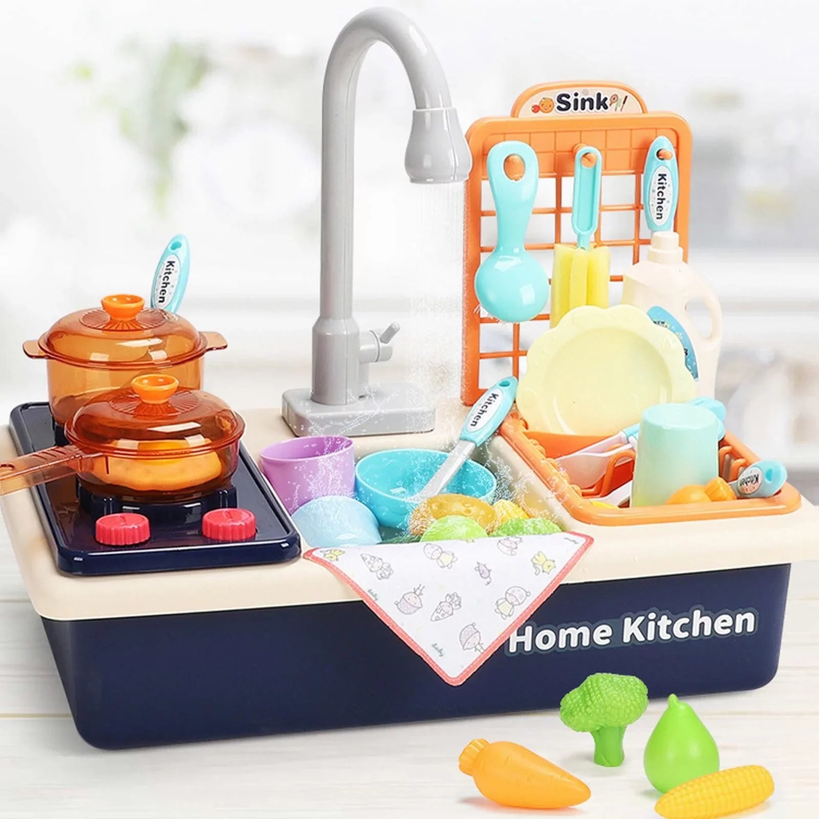 Kitchen Sink Toys Children Electric Dishwasher Playing Toy With Running Fluid Automatic Liquid Cycle System Play House Pretend Role Play Toys for Boys Girls Alphabet Board Game Board for Toddlers
