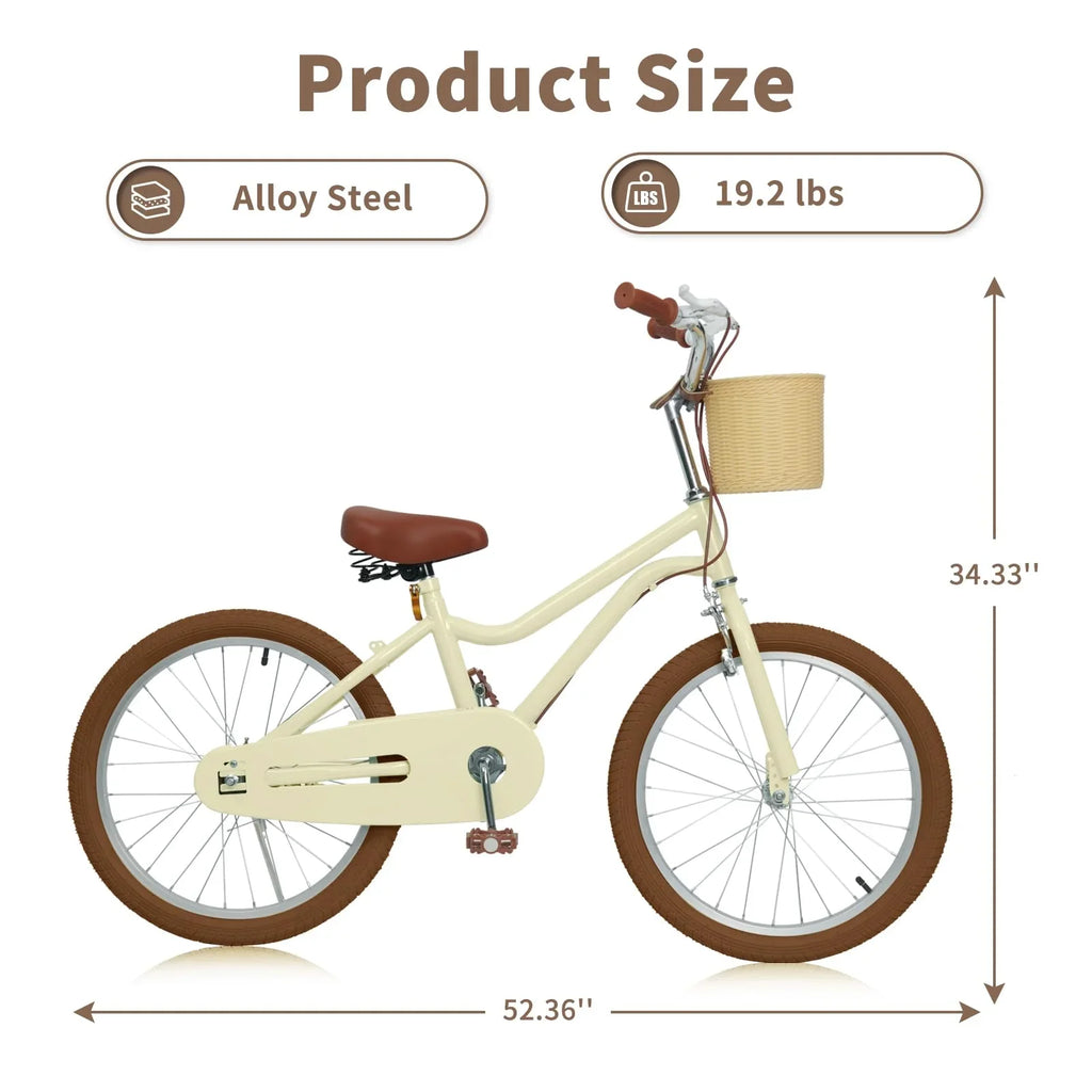 Wanan Kids Bike, 20 inch Large Size Kids' Bicycles for Girls and Boys Age 7-13, Retro Design Girls Bicycle with Handbrake and Basket, 20" Boys Bicycle for Large Kids without Training Wheels, Yellow