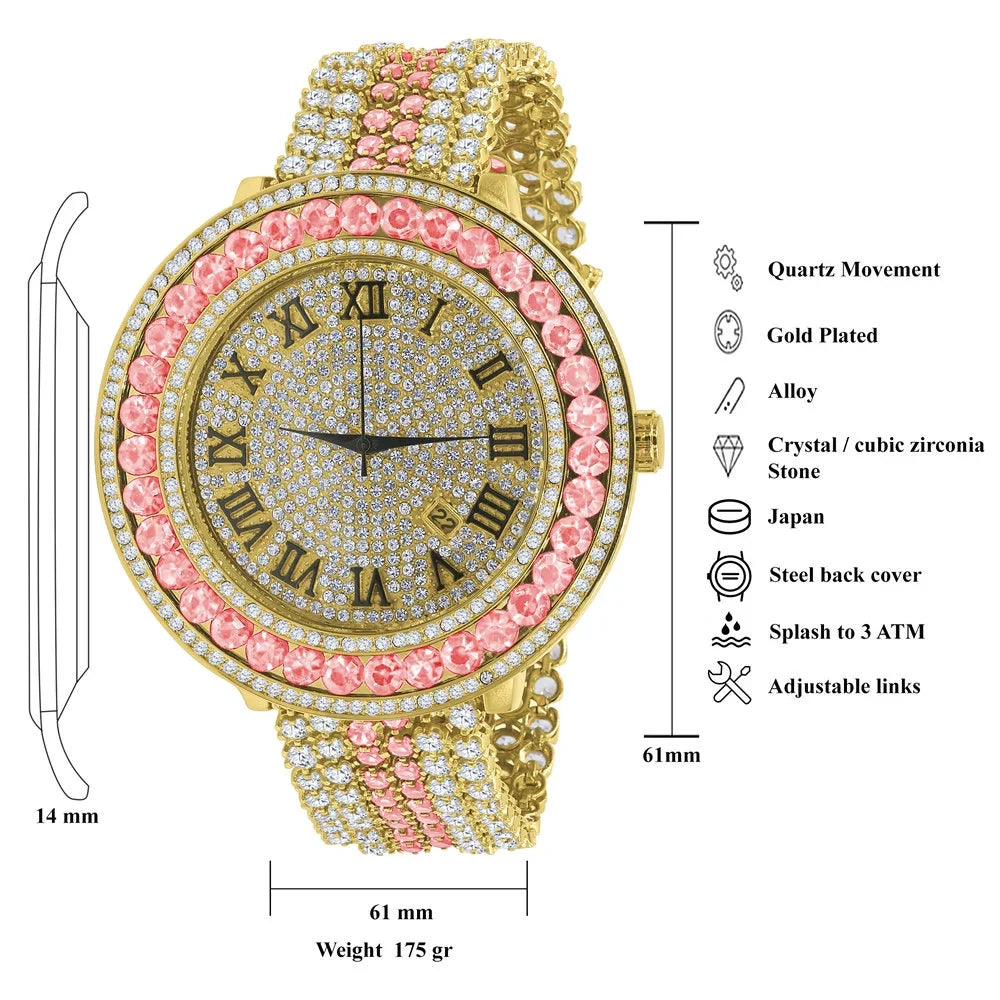 Mens Pink Tourmaline Roman Numeral Dial Big Face Simulated Diamond Gold Tone Jo Rodeo Adjustable Size Band Custom Watch