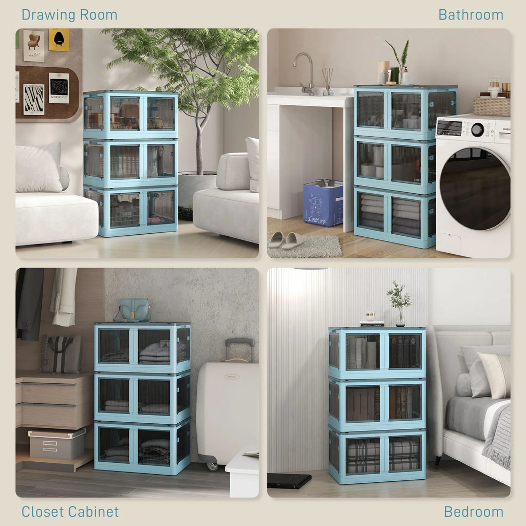 HOMCOM Stackable Storage Bins with Lids, Wheels, and Collapsible, Blue