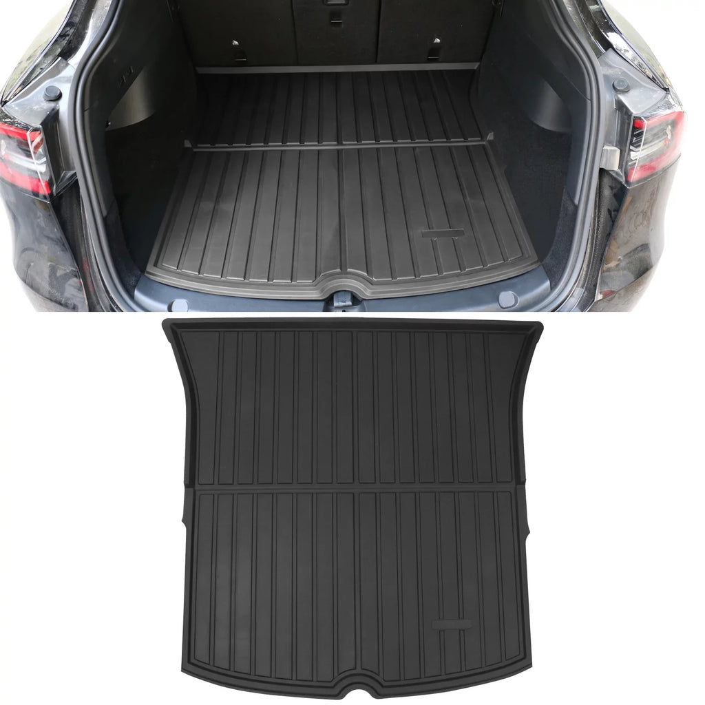 Ikon Motorsports Trunk Mats + Protector Backrest Covers Compatible with 2020-2023 Tesla Model Y Black Injection TPE All Weather Liquid Anti-Slip Frunk Trunk Under Cargo Storage Liner Mat