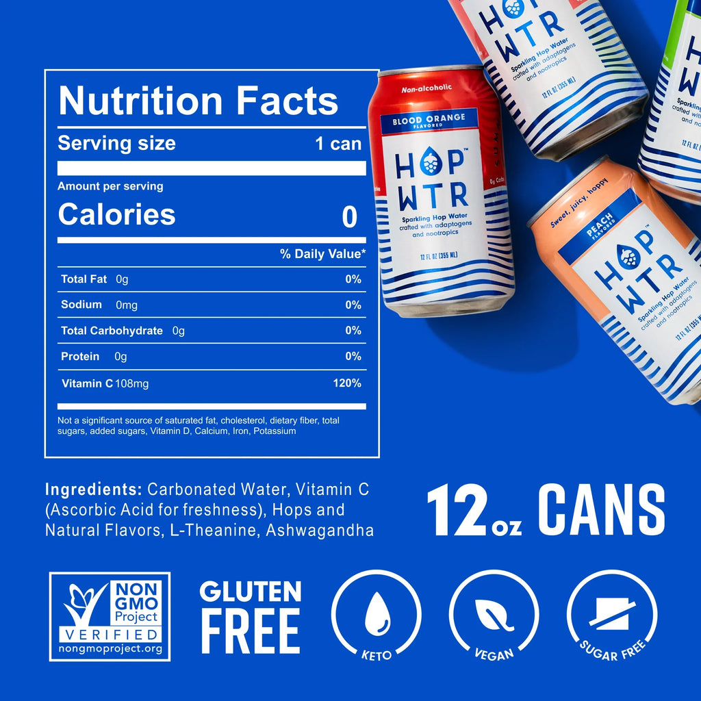HOP WTR - Sparkling Hop Fluid - Flavor Pack (12 Pack) - NA Beer, No Calories or Sugar, Low Carb, With Adaptogens and Nootropics for Added Benefits (12 oz Cans)