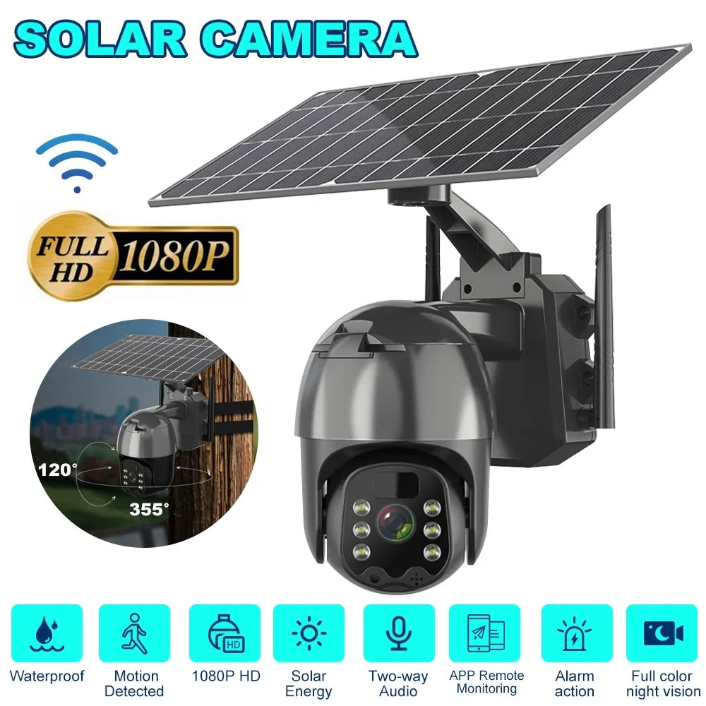DFITO Wireless Solar Security Camera, 1080P HD Outdoor Camera WIFI PTZ Surveillance Security Camera CCTV IP66 Liquid AI Human Detection, 2-Way Audio, PIR Motion Detection