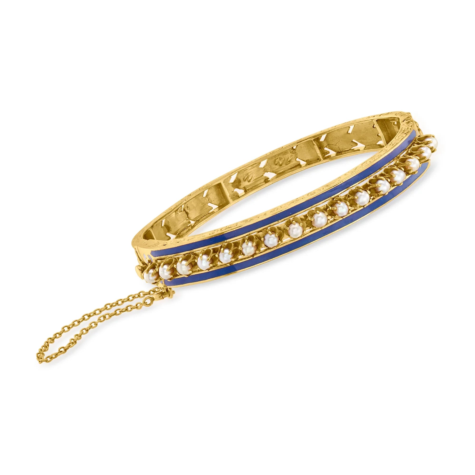 Pre-Owned Ross-Simons C. 1980 Vintage 3mm Cultured Pearl Bangle Bracelet With Blue Enamel in 14kt Yellow Gold, Women's, Adult, (Good)