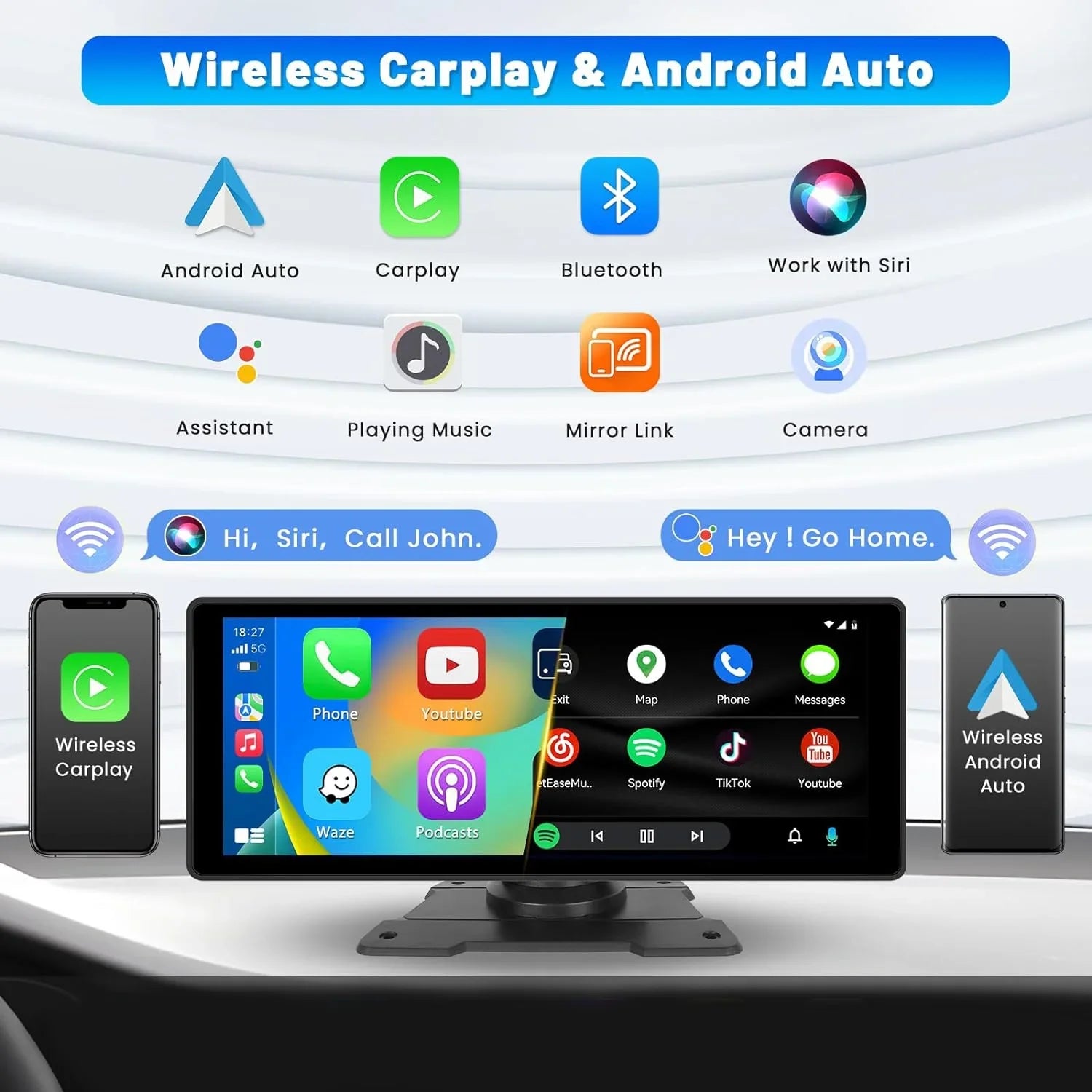 Podofo 7-32V 10.26" Portable Touch Display Car Stereo Radio Wireless Carplay Android Auto Mirror Link FM Bluetooth AUX for Car Suv Van Pickup Vehicles, with 64G Card&Backup Camera