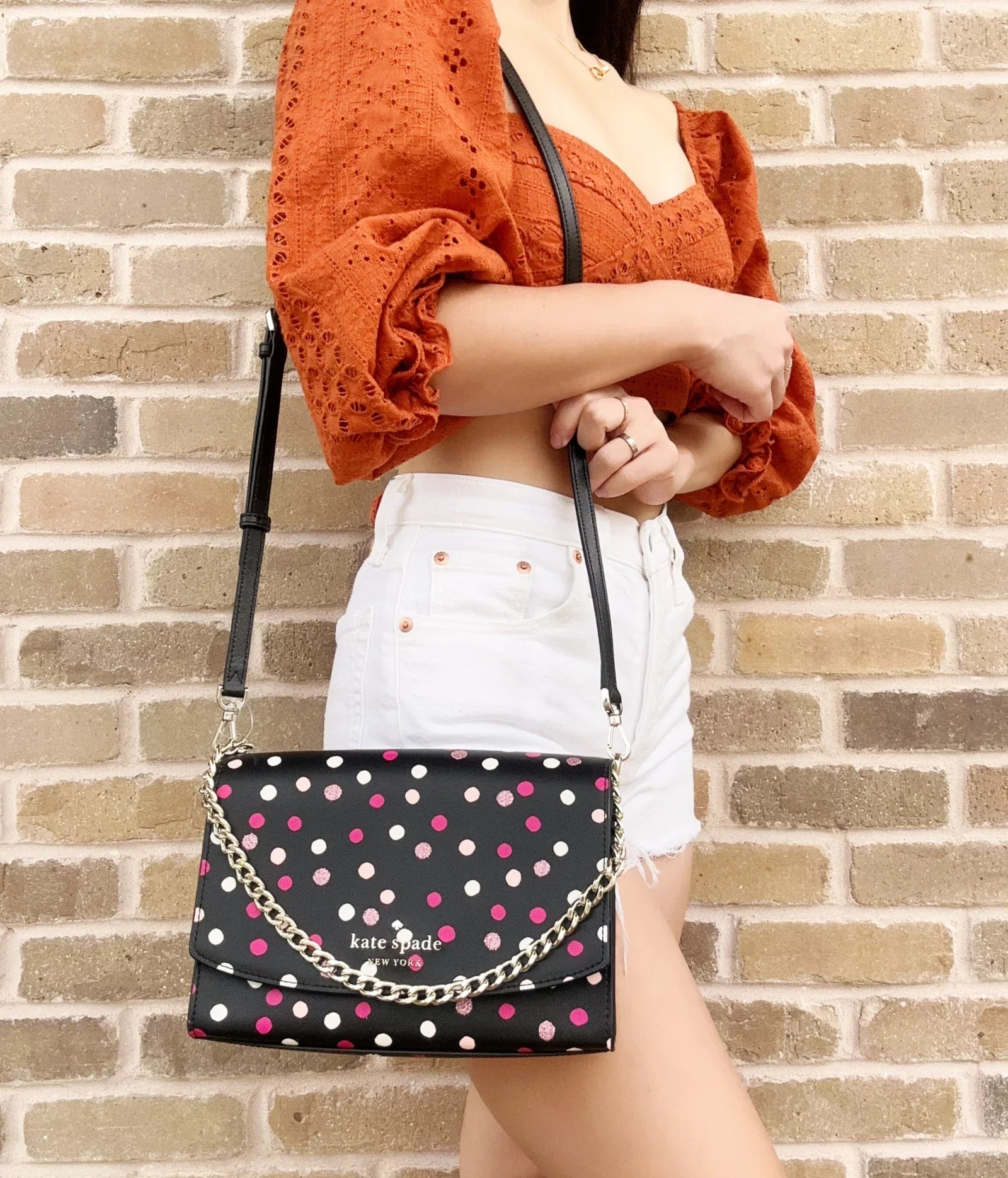 Kate Spade Carson Chain Convertible Crossbody Festive Polka Dot Black Multi
