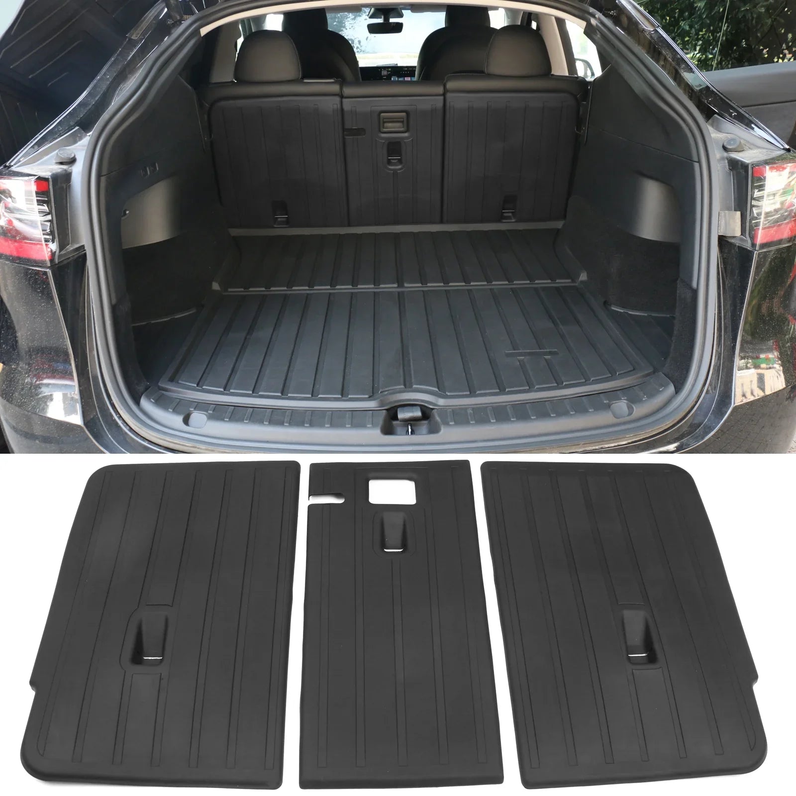 Ikon Motorsports Trunk Mats + Protector Backrest Covers Compatible with 2020-2023 Tesla Model Y Black Injection TPE All Weather Liquid Anti-Slip Frunk Trunk Under Cargo Storage Liner Mat