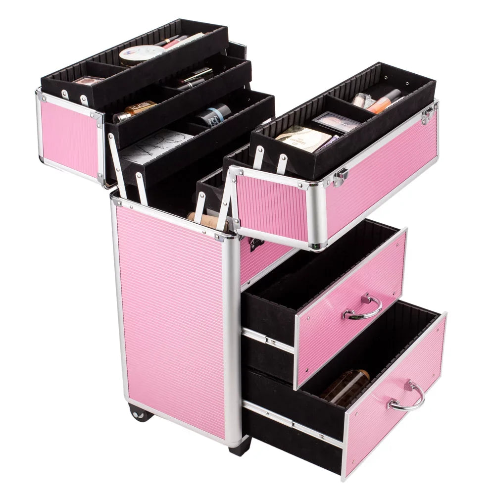 4 Tier Lockable Rolling Cosmetic Makeup Train Cases, Pink Wheels Rolling Cosmetic Case for Women, Cosmetic Organizer Makeup Case with Extendable Trays, WRWQ852