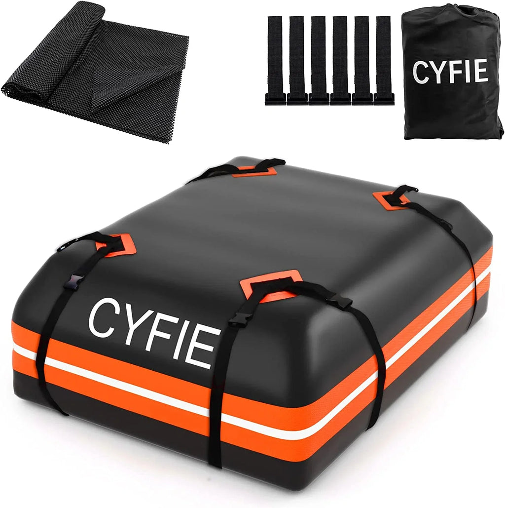 Cyfie Rooftop Cargo Bag for Car,SUV Car Top Carrier 15Cu. ft for All Cars with/Without Rack, Fluid & Tearproof, Includes Anti-Slip Mat, 8 Reinforced Straps, 6 Door Hooks, Storage Bag