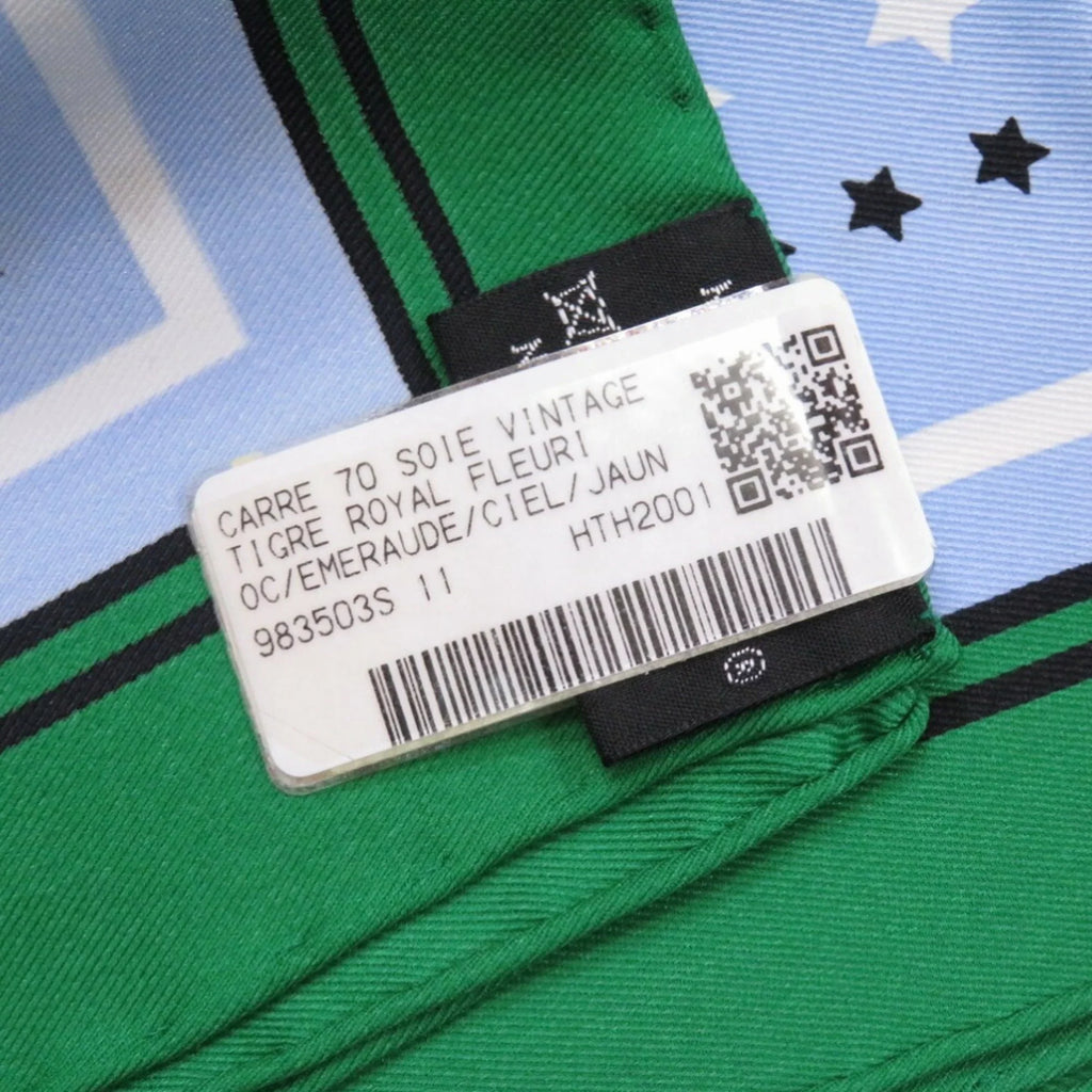 Pre-Owned Hermes King's Tiger Fururi Scarf Muffler Silk Green Blue (Like New)