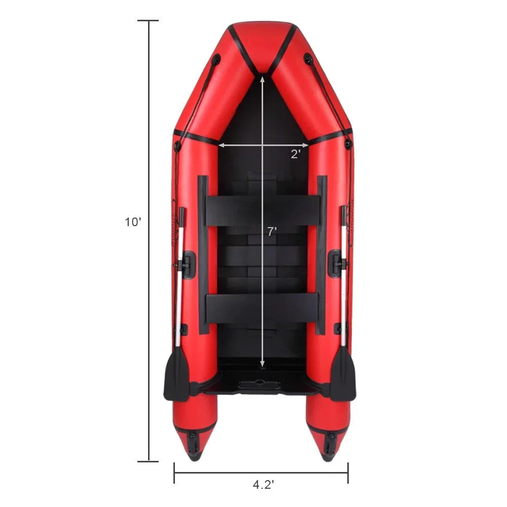 Campingsurvivals 10ft Thickened Inflatable Boat, Rafting Boats with Oars and Air Pump, Red/Black