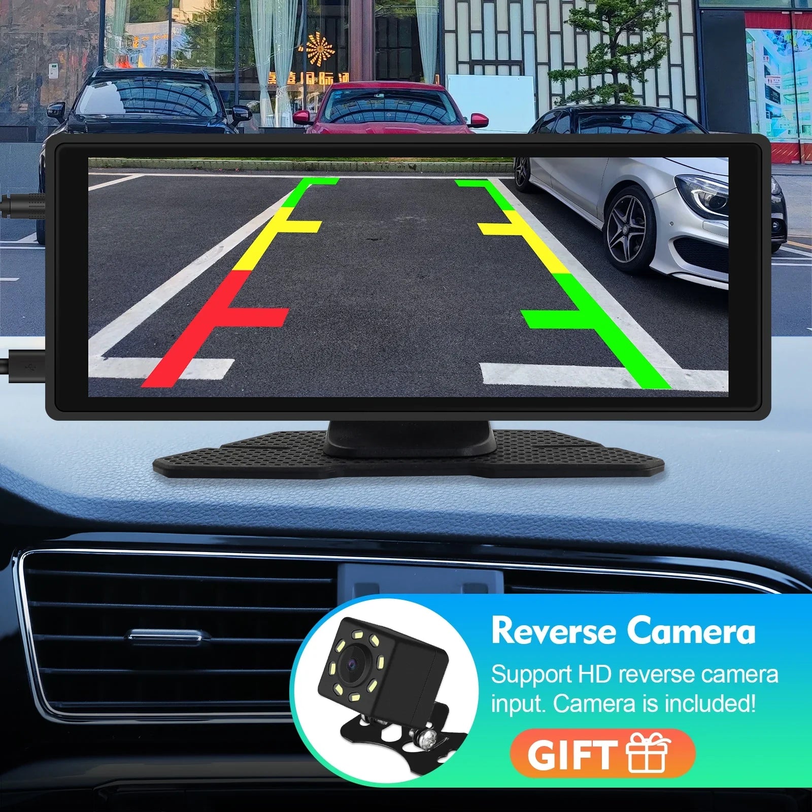 Portable Wireless Carplay & Android Auto Car Stereo, 10.26 Inch Full HD Car Touch Monitor Portable Car Radio Receiver Backup Camera