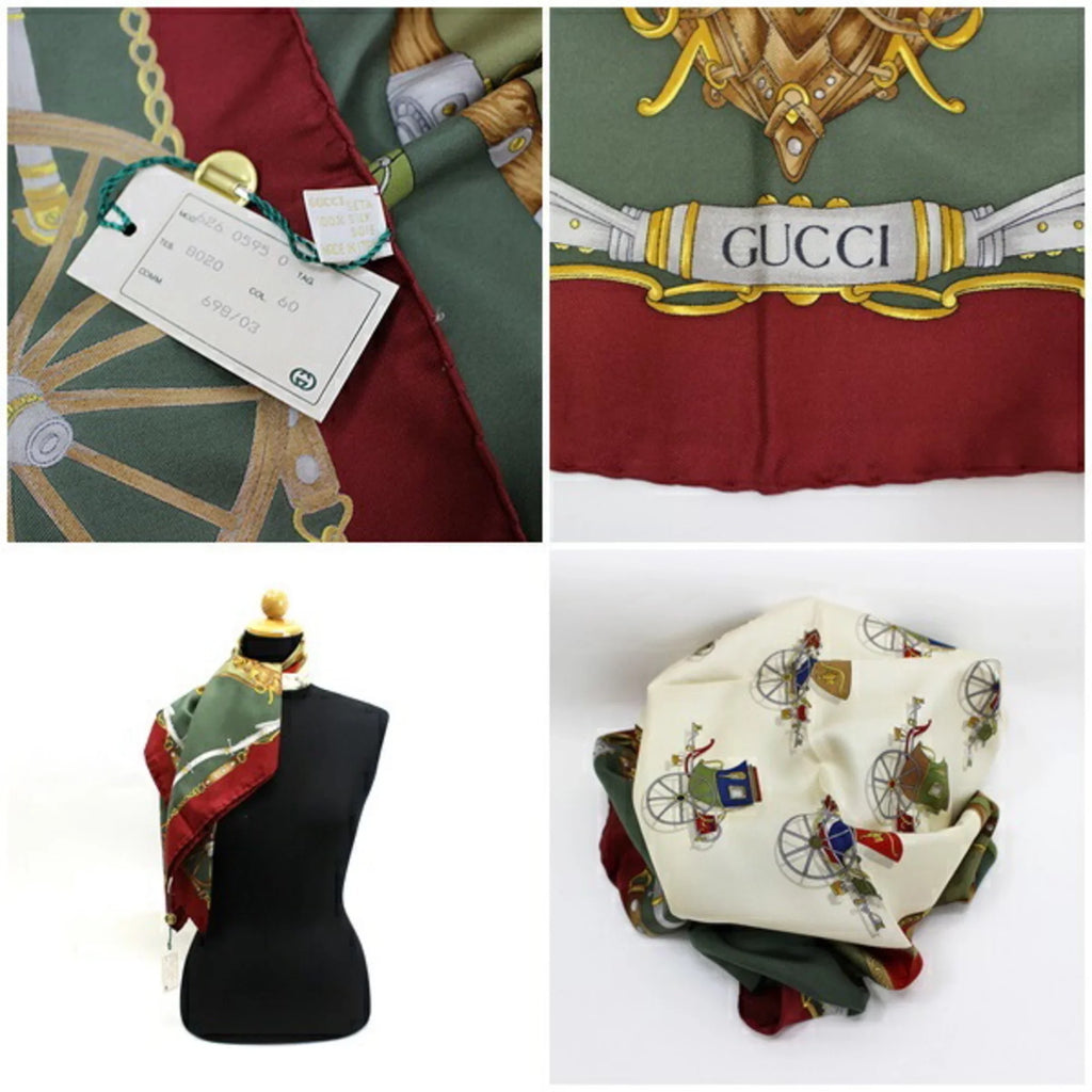Pre-Owned Gucci silk scarf muffler green x wine red carriage pattern GUCCI ladies (Like New)