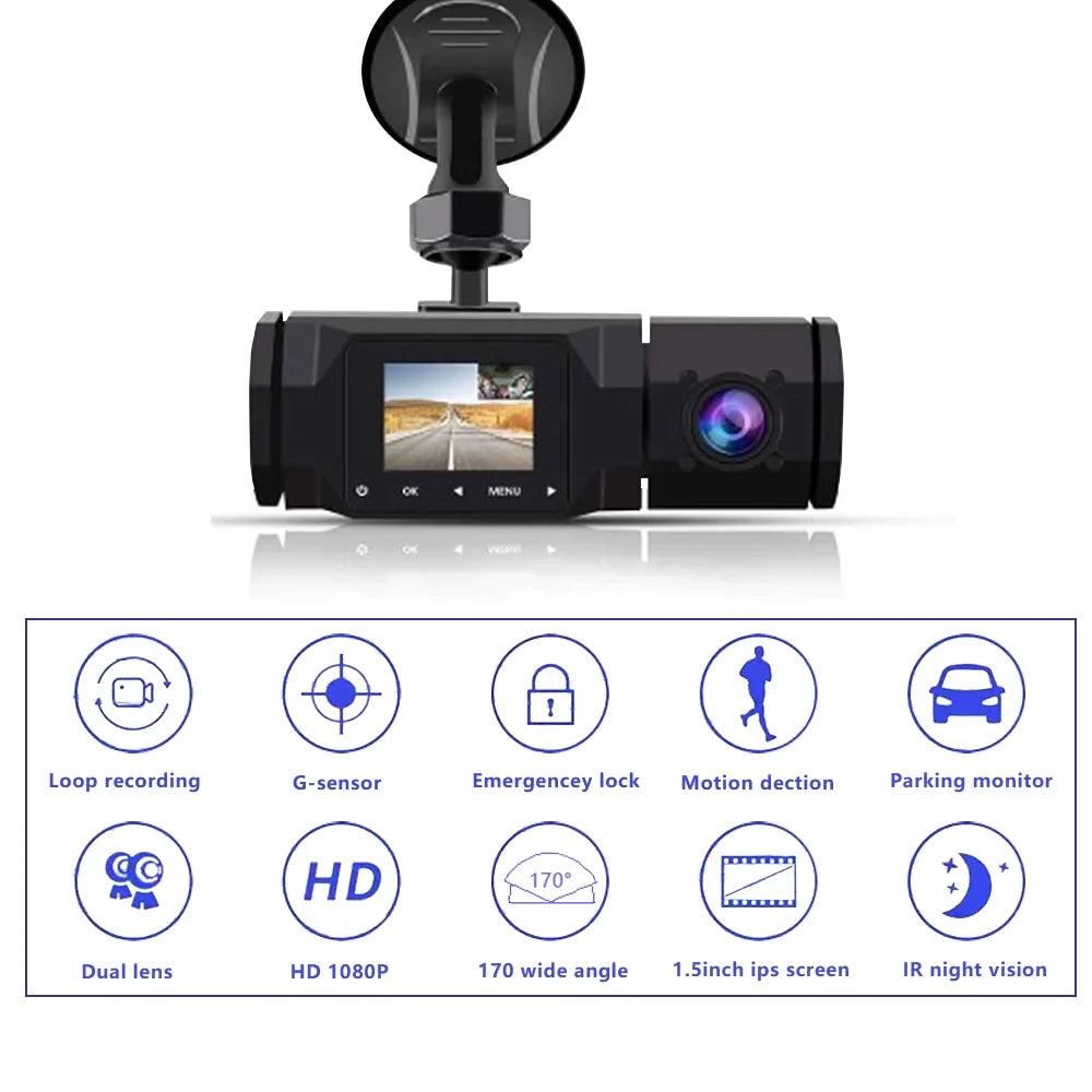 SOATUTO Dual Dash Cam 1080P Front and Cabin Car Dashboard Camera with IR Night Vision, 2 Channel Driving Recorder Motion Detection, Parking Monitoring, Accident Locked, Loop Recording, 1.5in IPS